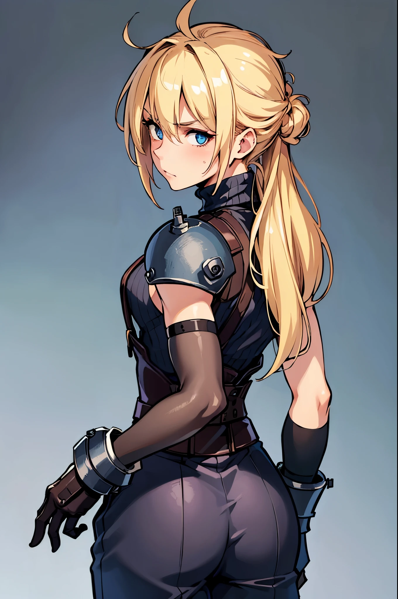 (from behind), (masterpiece, best quality:1.2), expressive eyes, perfect face, highres, 1 girl, solo, (female:1.5), strife, blonde hair, shoulder armor, sleeveless turtleneck, suspenders, belt, gloves, bracer, blushing, surprised face, standing, portrait, looking at viewer, butt