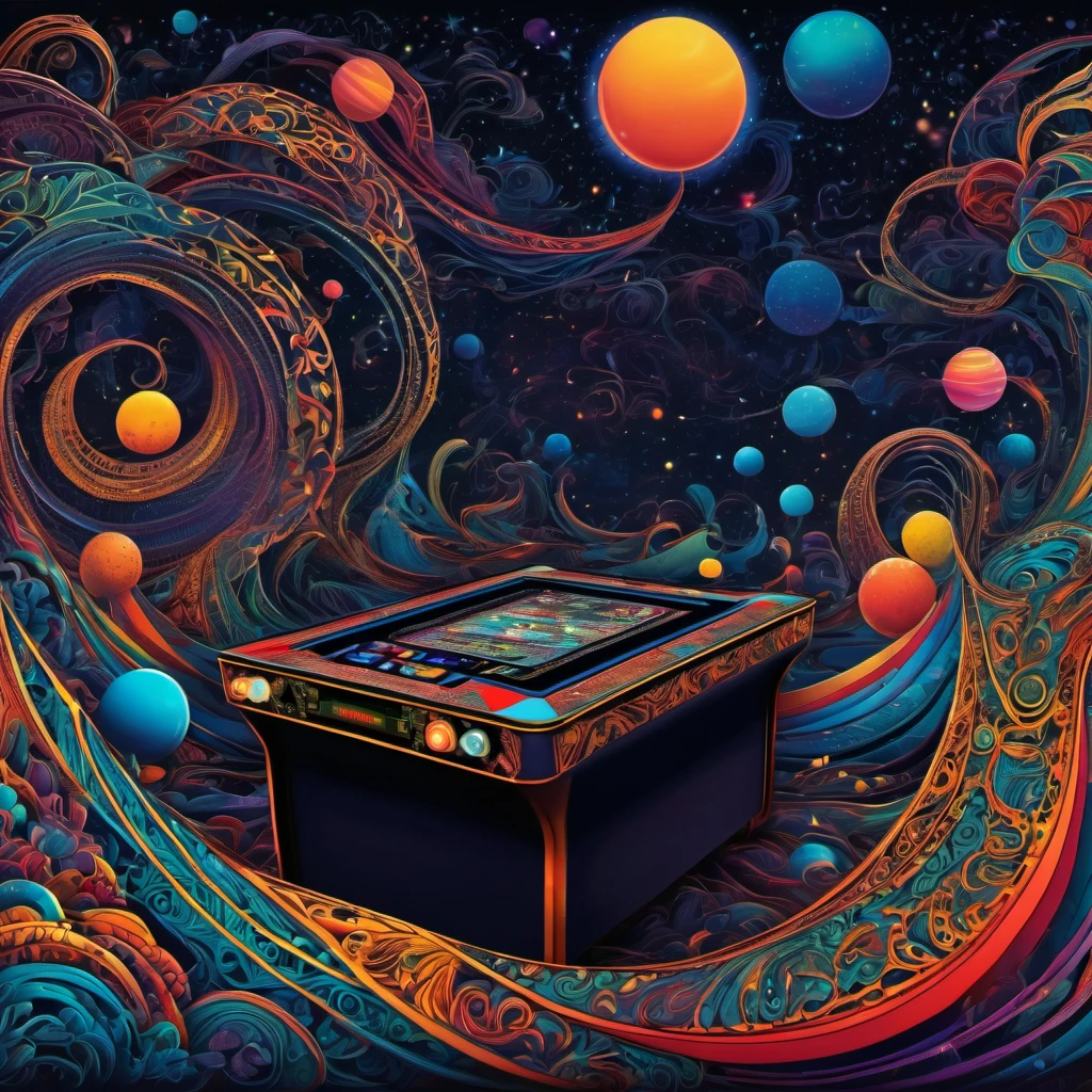 (best quality, highres, ultra sharp), magical atari games, arcade, reto games room, about the curvature of space time, zentangle lines, art decostyle , full colored, 3d crunch, dark tones,