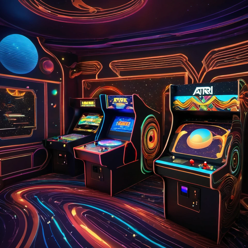 (best quality, highres, ultra sharp), magical atari games, arcade, reto games room, about the curvature of space time, art decostyle , full colored, 3d crunch, dark tones,