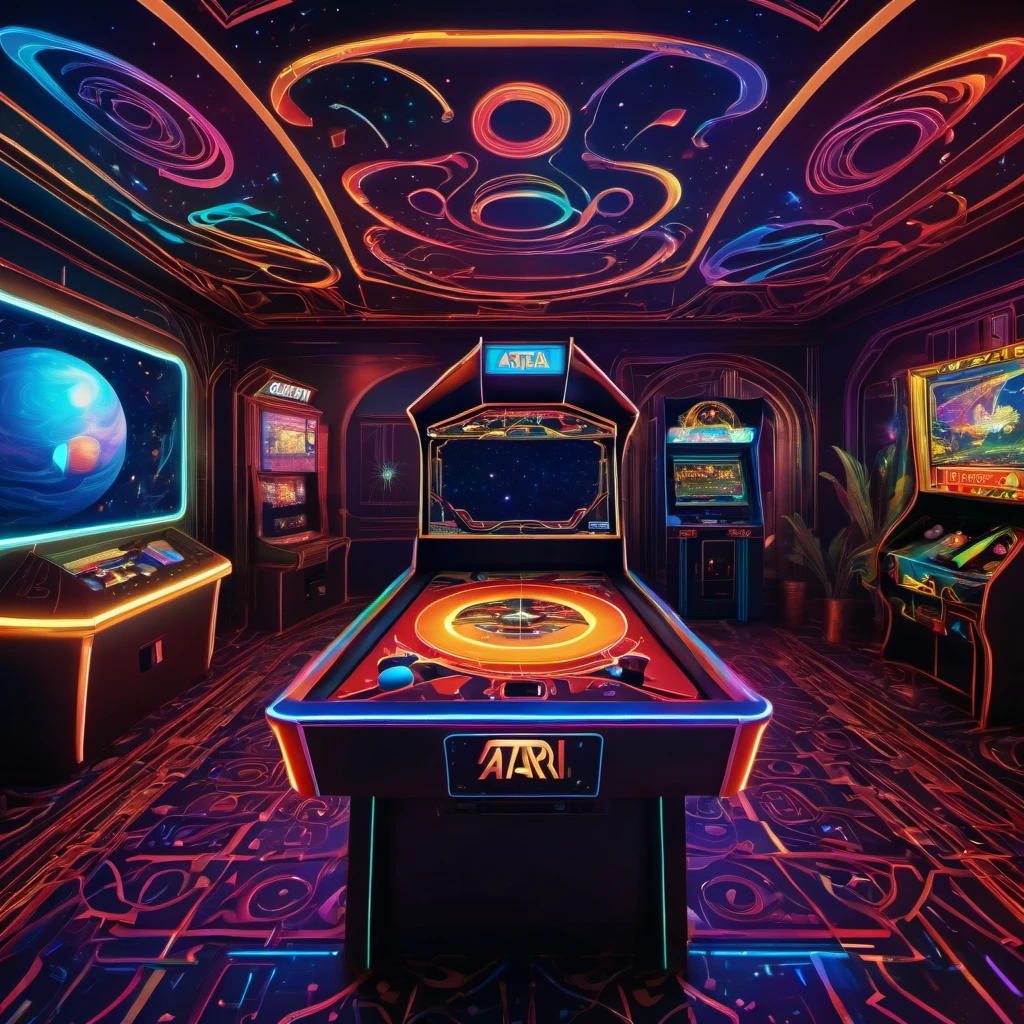 (best quality, highres, ultra sharp), magical atari games, arcade, reto games room, about the curvature of space time, art decostyle , full colored, 3d crunch, dark tones,