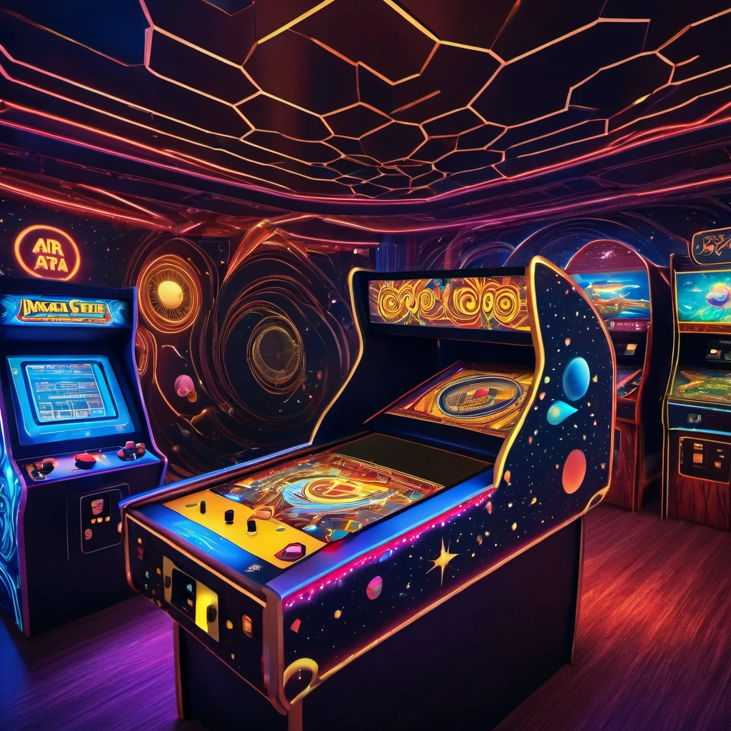 (best quality, highres, ultra sharp), magical atari games, arcade, reto games room, about the curvature of space time, art decostyle , full colored, 3d crunch, dark tones,