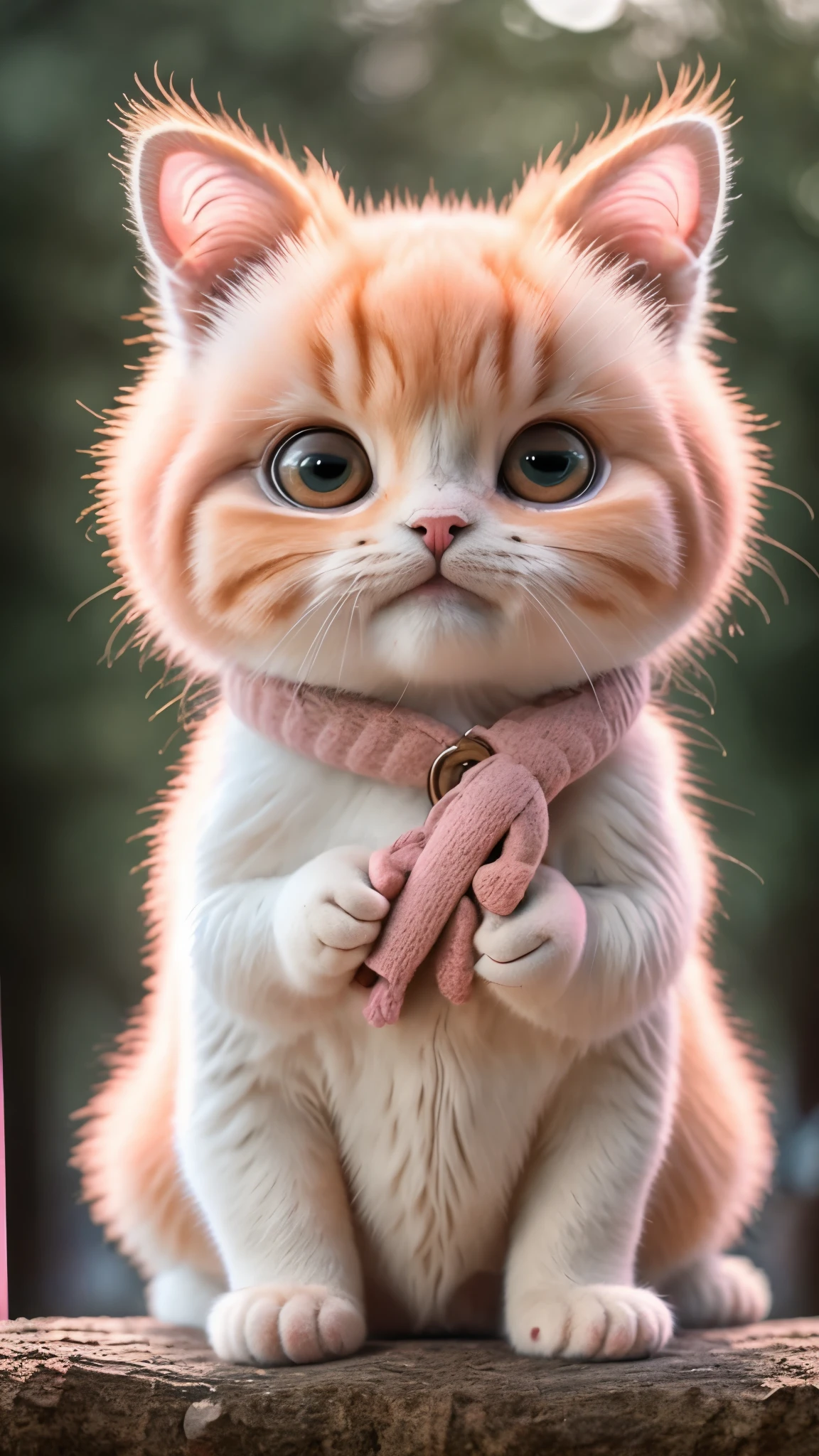 ((big eyes)), ((ginger pink cat)), A look at the camera, no_humans, Depth of field, ((park background)), deep shadow, (A dark: 1.4), (8K, RAW photo, Best Quority, masterpiece: 1.2)