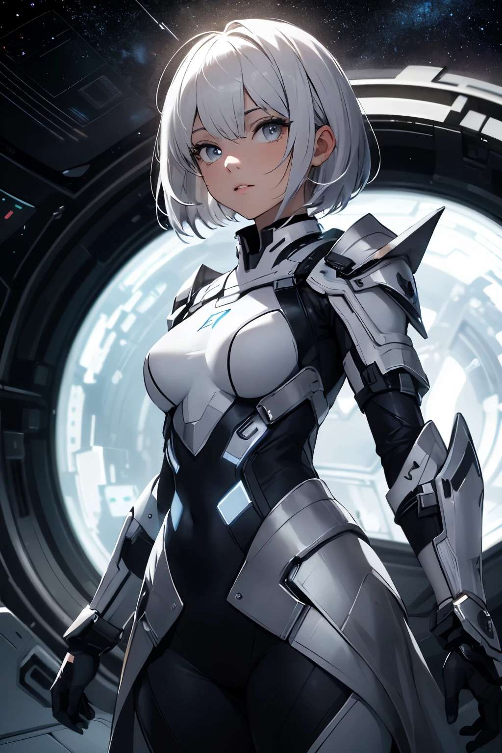 (((masterpiece; best quality: 1.2))), (finely detailed eyes: 1.3), (25 year old man), (solo), (blue eyes: 1.4), (body; toned, fit, masculine: 1.3), (short white hair: 1.3), (beautiful and clear background: 1.2), ((depth of field)), (equipment: black-and-white mechpilot bodysuit + black gloves: 1.3), (anime illustration: 1.2), (background composition; hangar: 1.1), (extremely fine and beautiful: 1.1), (shot composition; standing + centered on torso + close-up: 1.5), (expression; calm, stoic: 1.2)