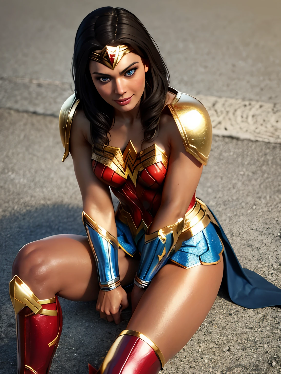 wonder woman,3d,black hair,blue eyes,boots,braid,brown skin,exposed breasts,gauntlets,gold (metal),looking at viewer,sitting,smile,tiara