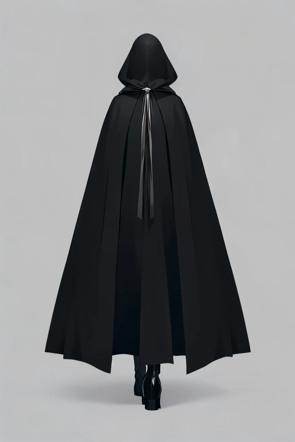 A person wearing black cloak, facing away from camera in a distance, white background