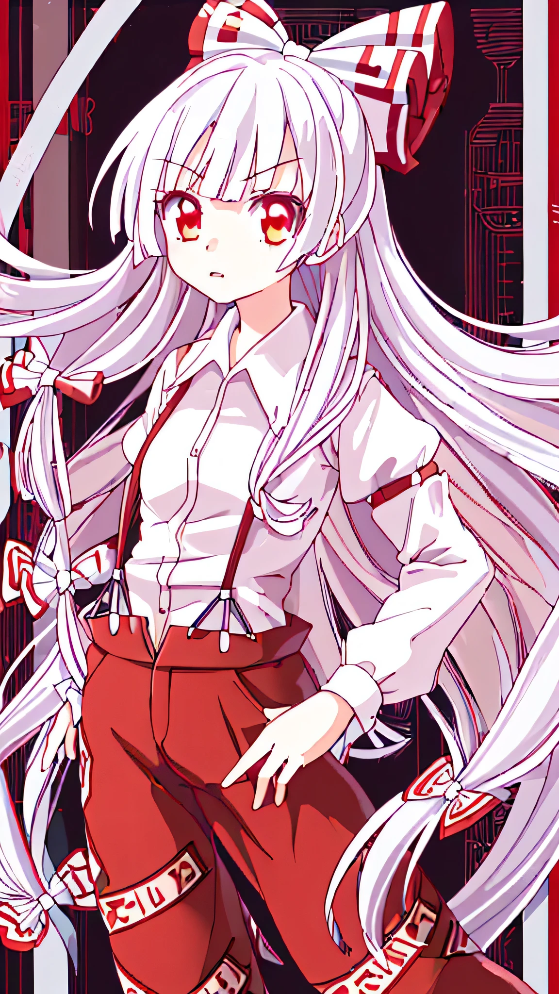 1girl,very long hair, suspenders, long sleeves,red eyes, white hair, bow,ribbon, hair bow, pants, hair ribbon, shirt, multiple hair bows