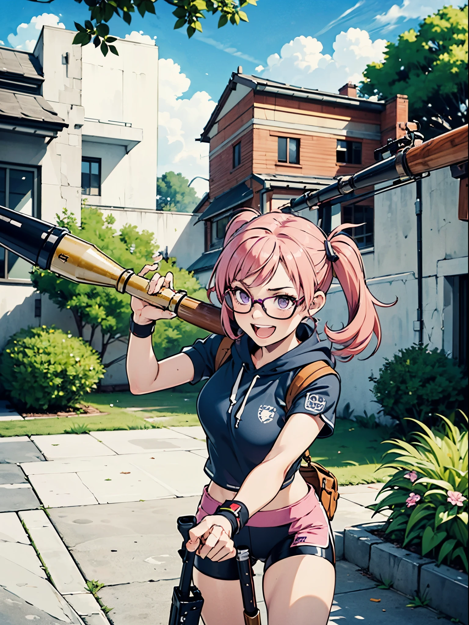1girl, solo, solo focus, hoodie, biker shorts, assault vest, (using weapon, using rpg7), open mouth, wacky face, smile, :d, (pink hair, dark purple eyes, twintails, glasses)