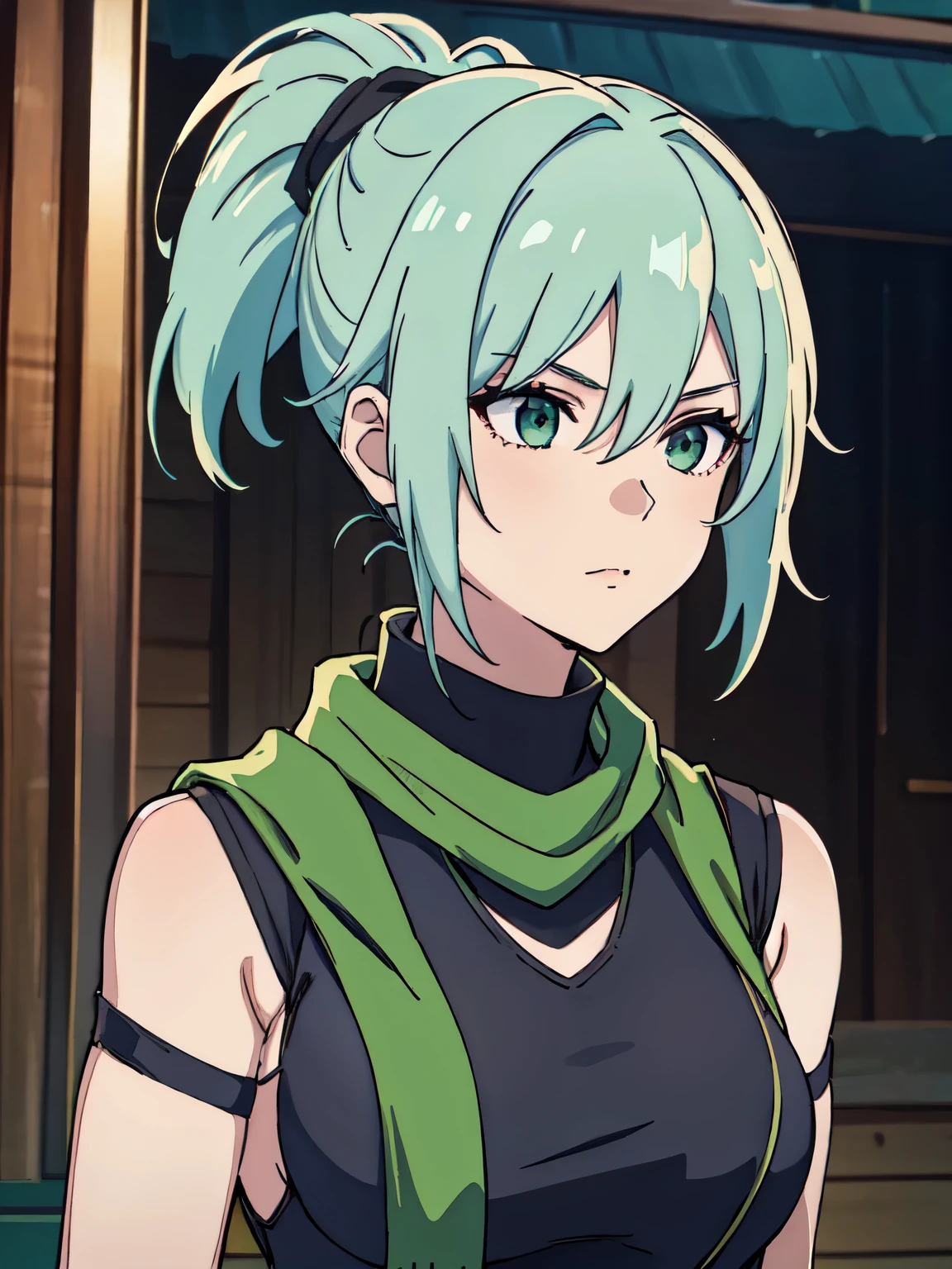 masterpiece, best quality, 1girl, short green pastel hair, black shirt, turtleneck, long scarf, green scarf, armor, shinobi, ponytail, glasses, smile