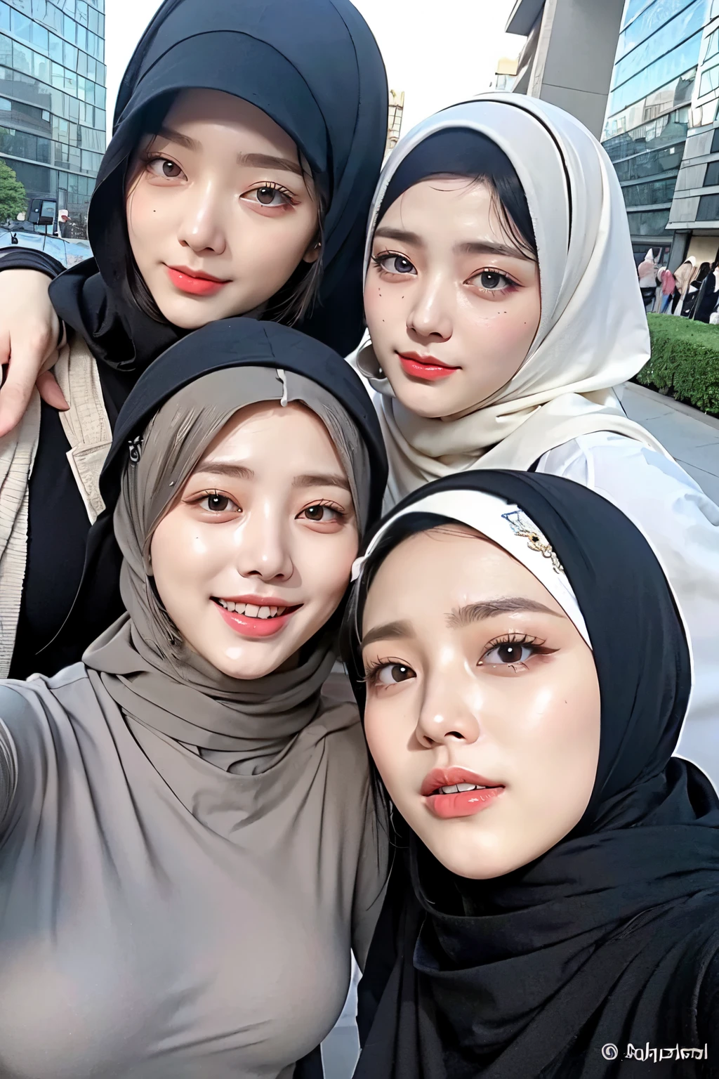 ????????? girls, wear hijabs, ((Best quality, 8k, Masterpiece :1.37), multiple people wear hijab, Big breasts:1.5, (three girl hijabs moslem), Beautiful face, Ultra-HD Face, Face Lighting, Lips laughed lightly, position:Standing, taken from below, (shot from below), close up photo, (three girls wear hijab muslim), wear hijab muslim, (?????????? Nude figure: 1.2), small pussy, hairy pussy:0.4, (small pussy), small pussy, Realistic ??????:1:6, tall building background, (Blue sky view, :1.1), face very detailed, detailed red lips, detailed eyes, (korean eyes), double eyelids, detailed nose, detailed legs, (????????? girls wear hijab moslem)