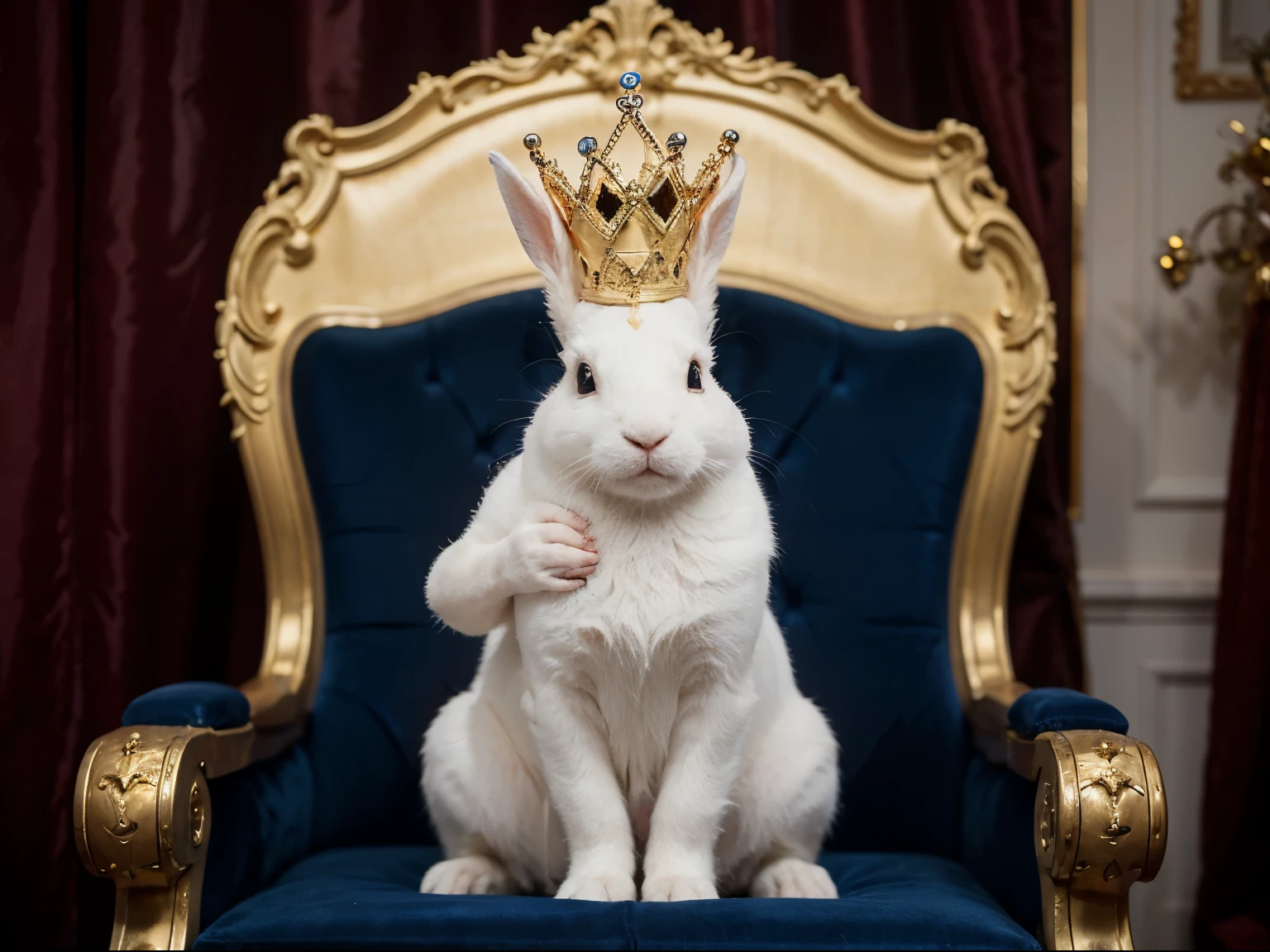White rabbit wearing a golden crown. It is sitting on royal blue velvet throne.