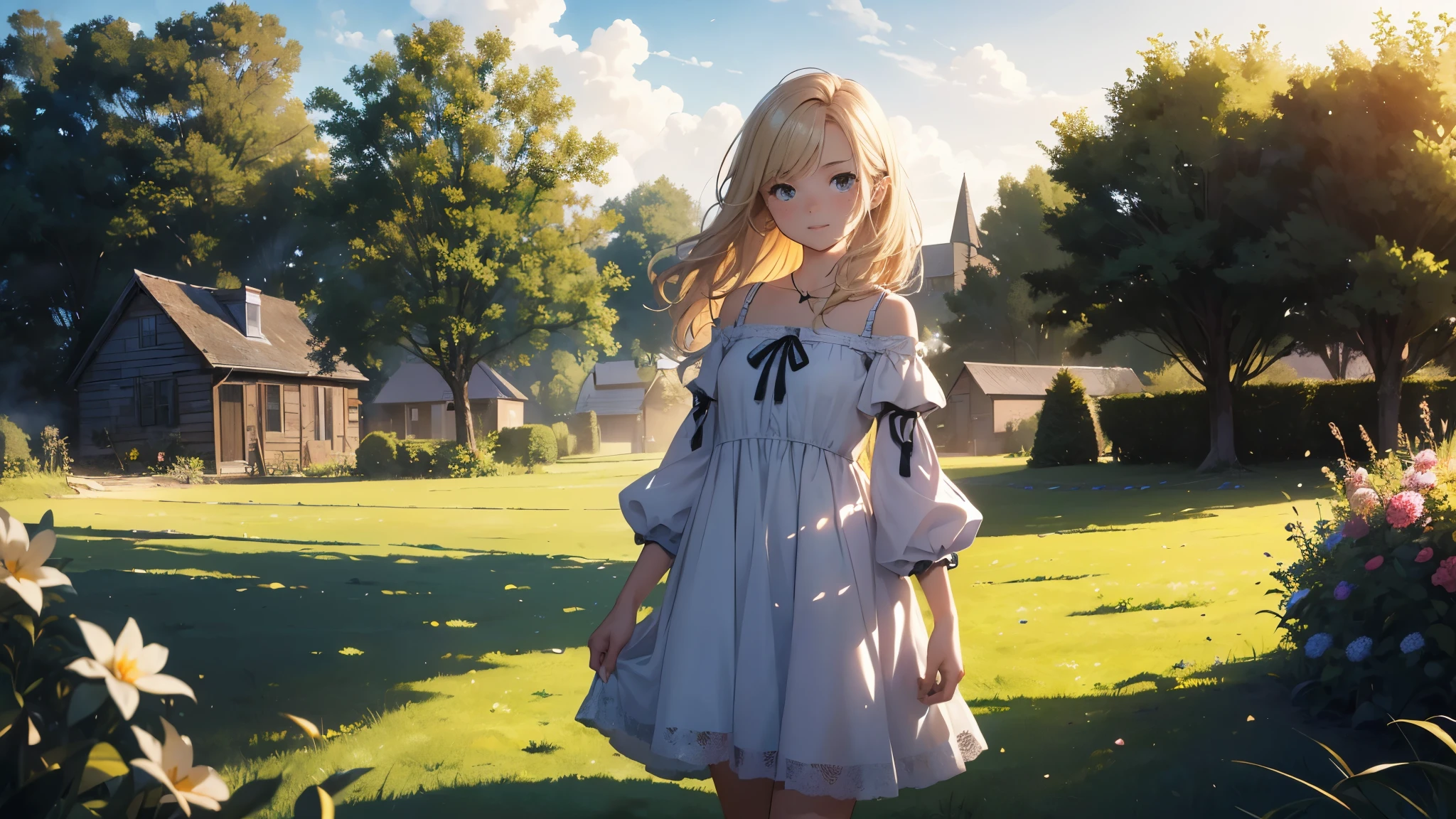 ((masterpiece,best quality,ultra detailed,ultra high res,detailed country yard background)), soft realistic focus, dynamic shadows, realistic image, vibrant colors,light leaks,dreamy atmosphere,chiaroscuro,BREAK
experimental charm, The girl is depicted in full growth, girl , thin and tall, you see the girl from head to toe, nostalgic appeal, country girlfriend, she take you with yourself, simple open short dress, soft mischievous smile, freckles, blonde hair, slightly leaning forward, flashback of memories, blonde, holding your hand