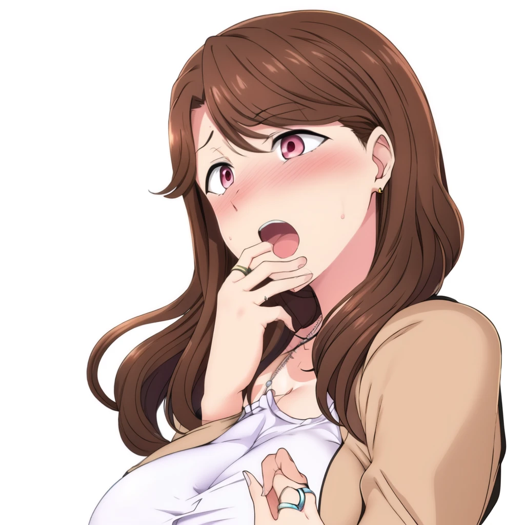 a woman in a white dress and a (((taupe Jacket))), surprised, widen eyes, fingers, ring, ((white Shirt)), t is standing, finger in mouth, opened mouth, hand over face,  hand to own mouth,  , jacket, ring, teeth, embarrassed, hetero, blush, 1girl, blurry, blurry background, blurry foreground, breasts, brown hair, cardigan, depth of field, pale pink eyes, jacket, jewelry, large breasts, motion blur, necklace, open cardigan, open clothes, simple background, solo, white background