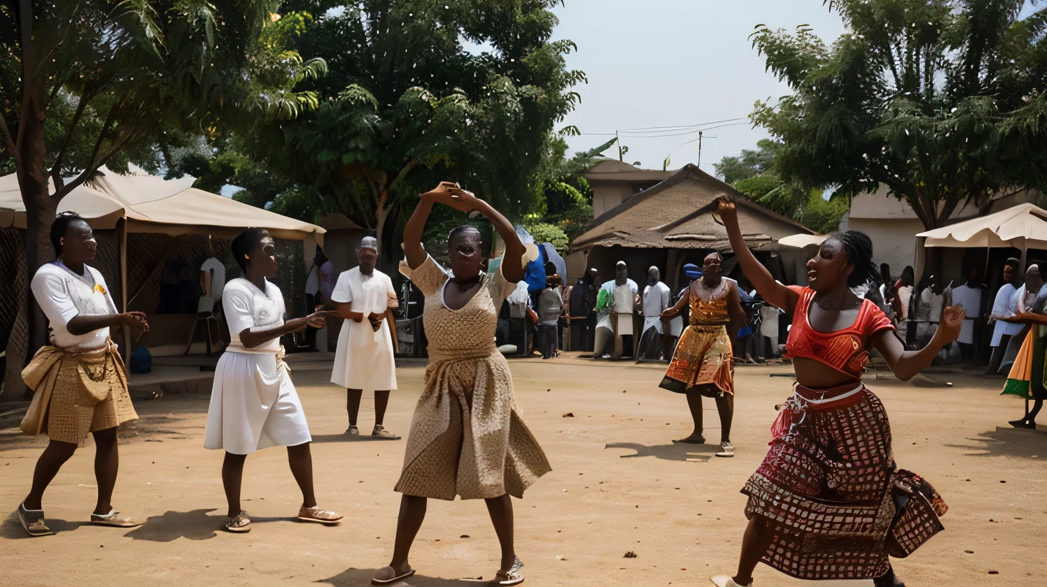 The village square of Umuji in West Africa transformed into a festive gathering. Villagers of Umuji dressed in their finest traditional attire, dancing, singing, and feasting joyously. The "Dance of the Sacred Yam" is performed, filling the air with a sense of unity and gratitude.
