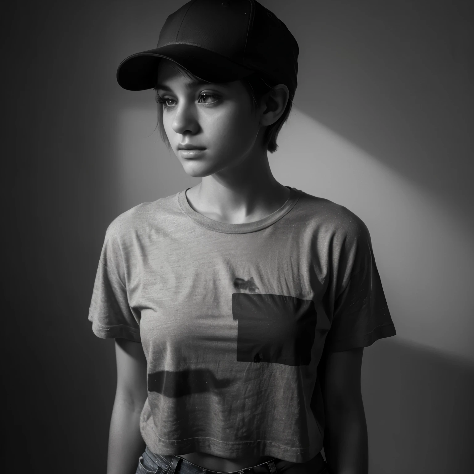 Dark, Sadness, chiaroscuro, black and white, 90s girl, simple background, minimalistic, posing, ((photoshot)), wearing a baseball cap, girl with pixie cut hairstyle, sexy woman, dark background highlighting the figure. natural lighting, stunning realism, minimalistic, simple background, monochrome, baggy t-shirt.