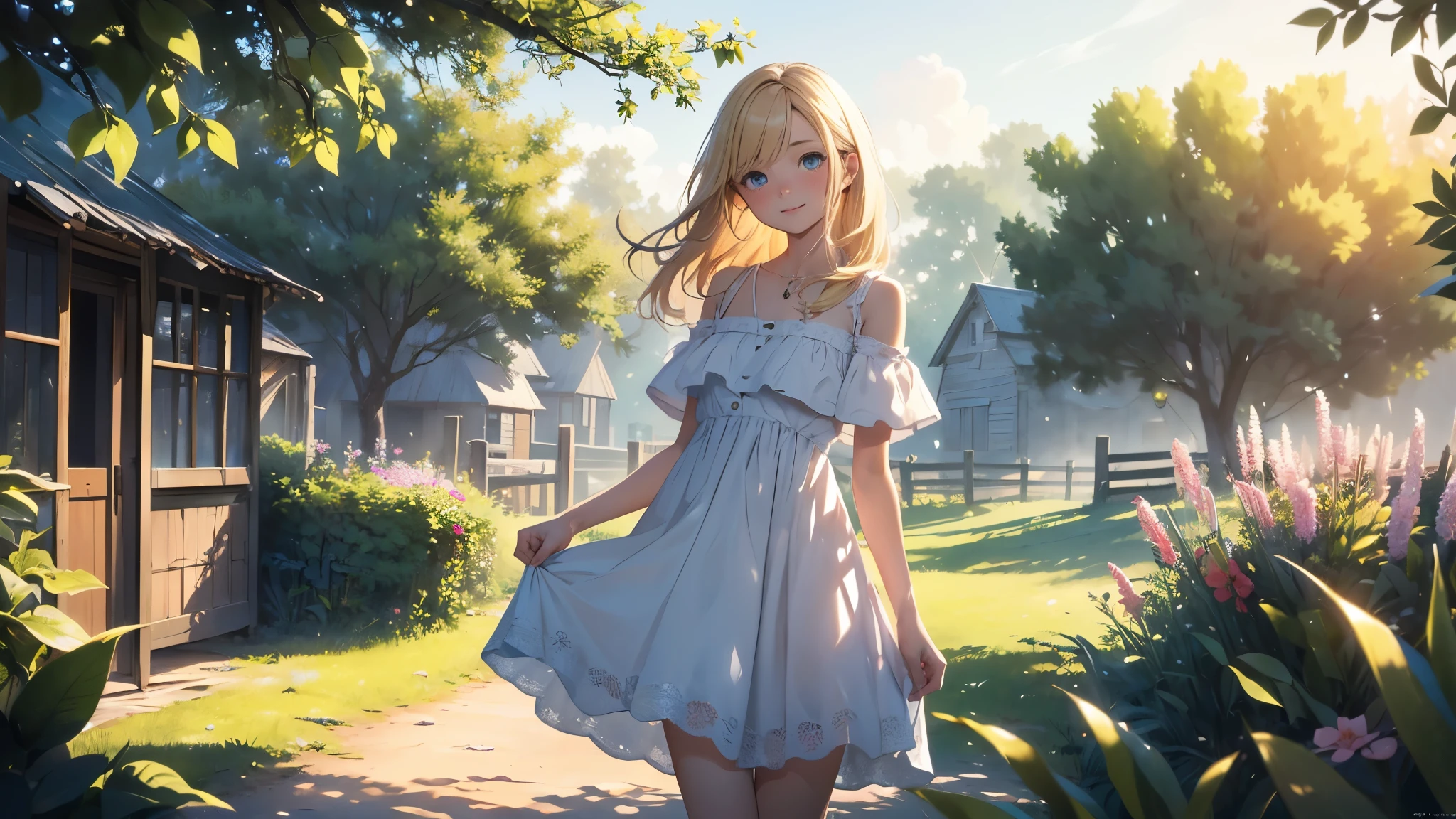 ((masterpiece,best quality,ultra detailed,ultra high res,detailed country yard background)), soft realistic focus, dynamic shadows, realistic image, vibrant colors,light leaks,dreamy atmosphere,chiaroscuro,BREAK
experimental charm, The girl is depicted in full growth, girl s old, thin and tall, you see the girl from head to toe, nostalgic appeal, country girlfriend, she take you with yourself, simple open short dress, soft mischievous smile, freckles, blonde hair, slightly leaning forward, flashback of memories, blonde, holding your hand