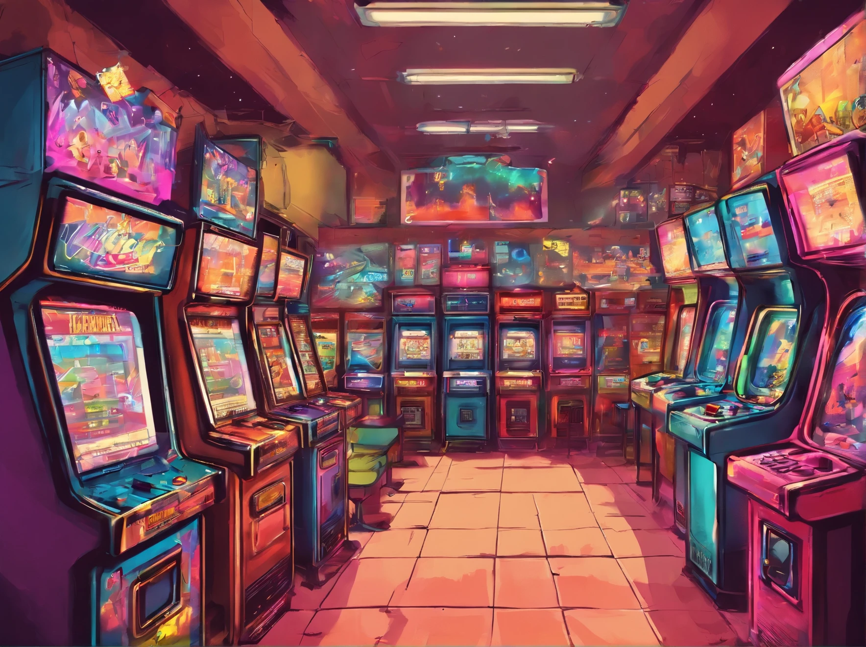 realistic, photo, masterpieces, 80s, huge retro game salon, many retro game automats, retro game machines, game party, kids and teenages plays on retro game in game salon with retro game machines, realistic, 4k, film grain, realistic photo