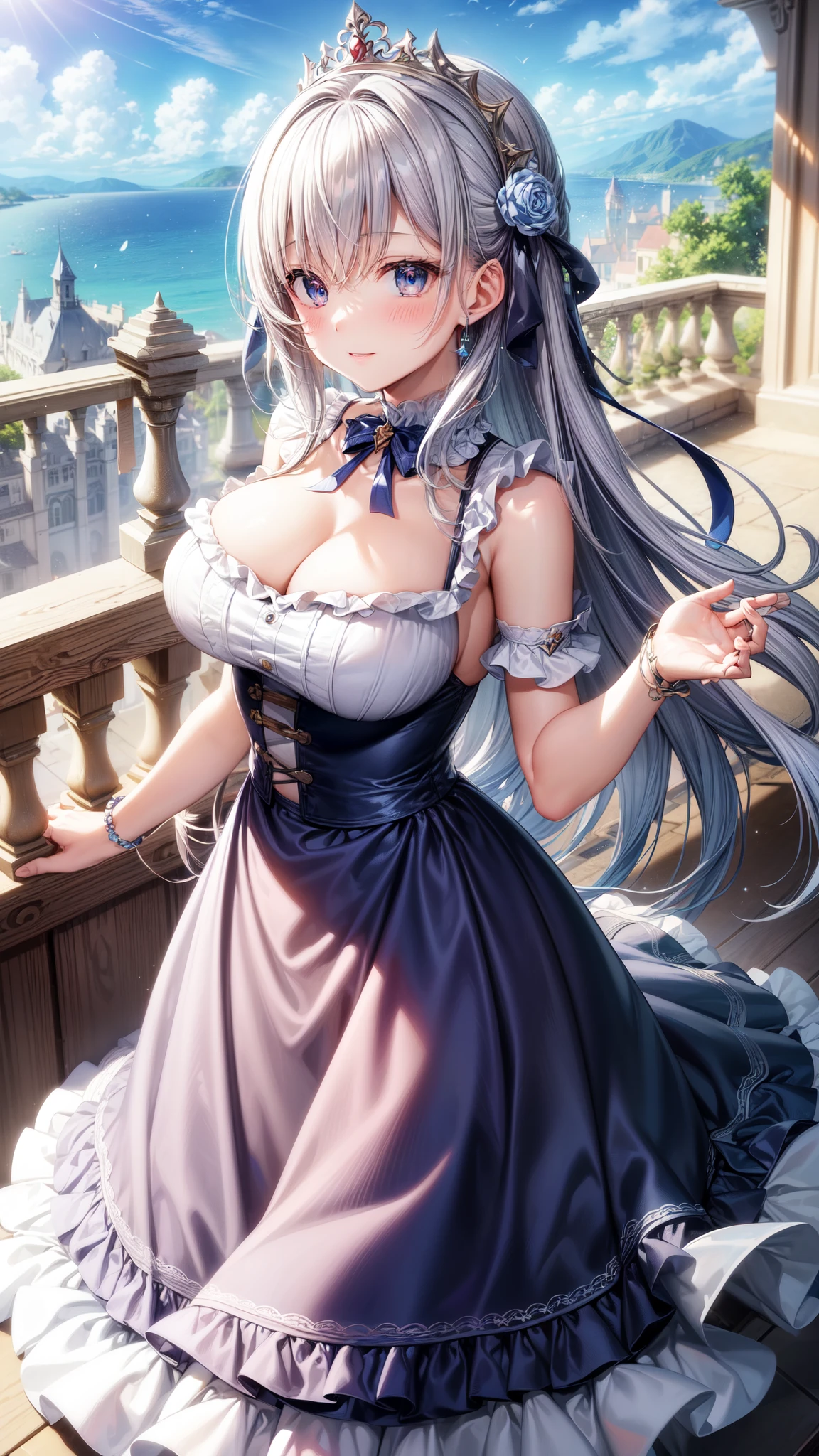 (Ultra-high resolution of the highest quality, masutepiece, Best Quality, 8K, Super Detail, Best Quality:1.3), 1 girl, large breasts, drooping eyes, blush cheek, long hair, silver hair, smile, blue eyes, ribbons in hair, large frilled gown, tiara, blue sky, Europe castle, balcony, front view, sunshine, beautiful hair, cute face, cool