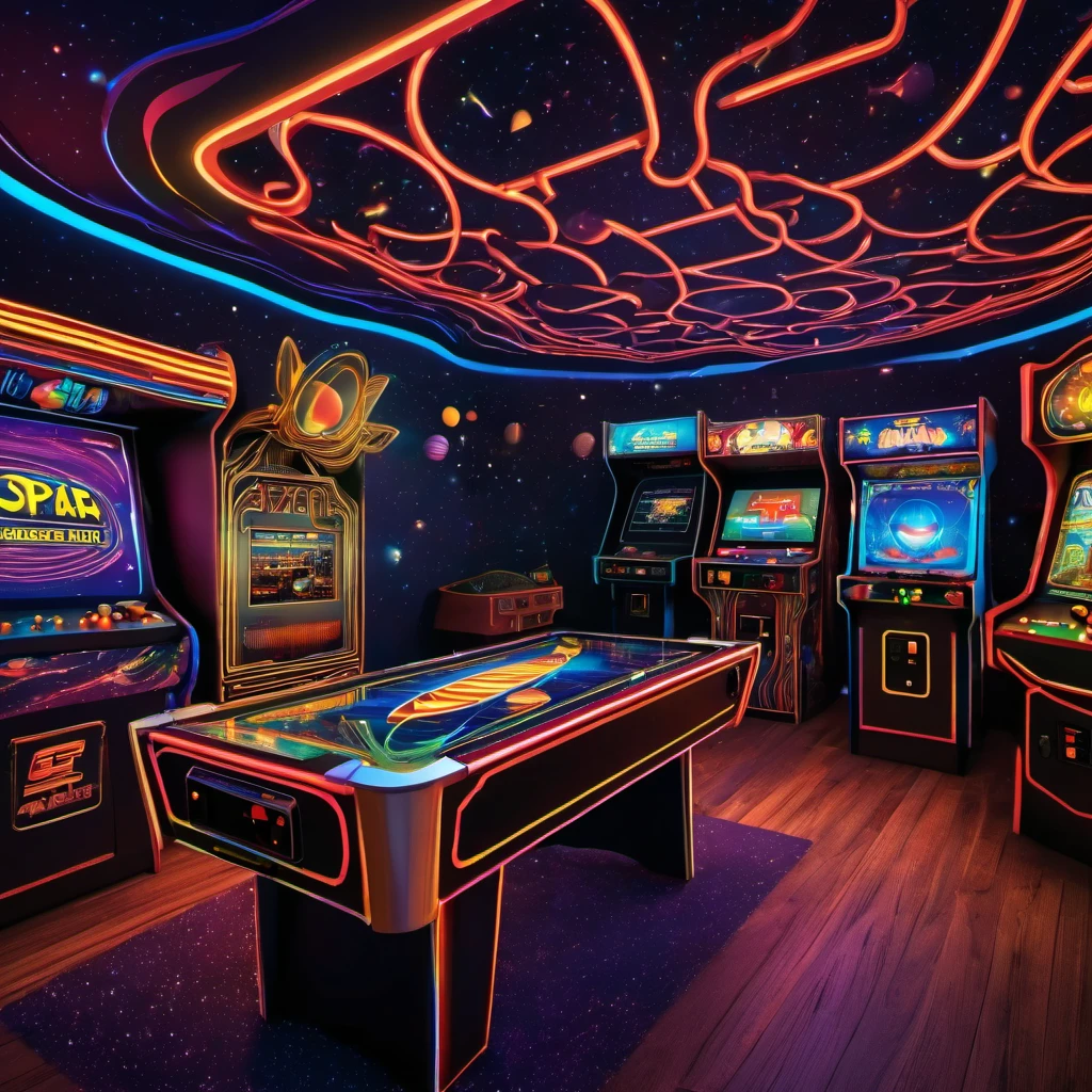 (best quality, highres, ultra sharp), magical atari games, arcade, reto games room, about the curvature of space time, art decostyle , full colored, 3d crunch, dark tones,