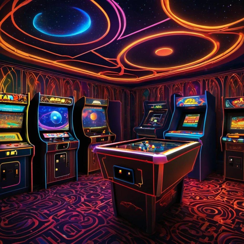 (best quality, highres, ultra sharp), magical atari games, arcade, reto games room, about the curvature of space time, art decostyle , full colored, 3d crunch, dark tones,