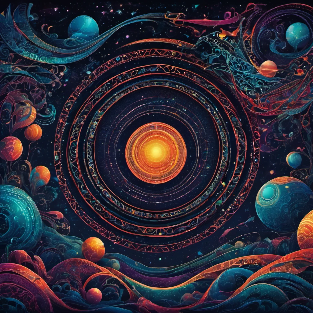 (best quality, highres, ultra sharp), magical atari games, arcade, reto games room, about the curvature of space time, zentangle lines, art decostyle , full colored, 3d crunch, dark tones,