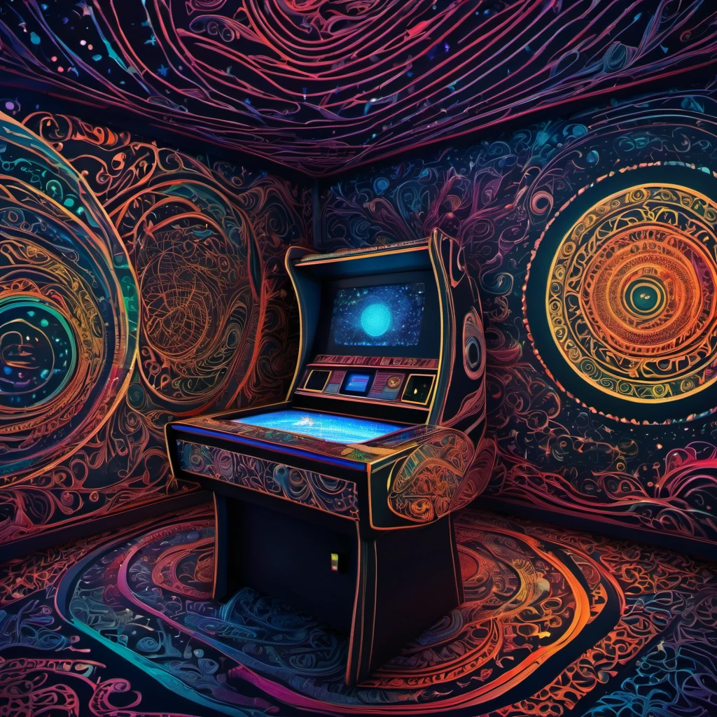 (best quality, highres, ultra sharp), magical atari games, arcade, reto games room, about the curvature of space time, zentangle lines, art decostyle , full colored, 3d crunch, dark tones,