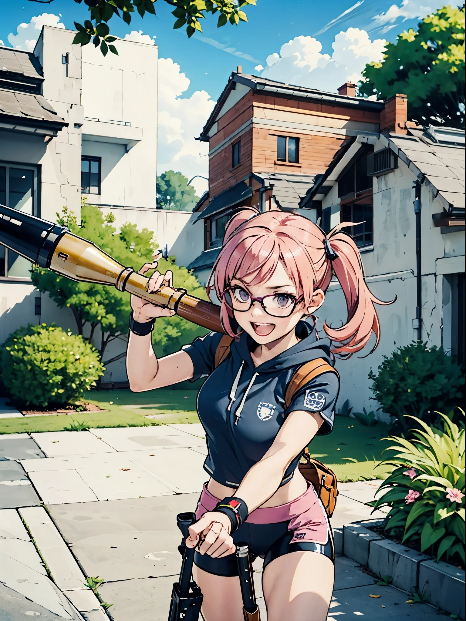 1girl, Riko(masterpiece, best quality, very detailed, sharp focus:1.0), full body, jacket, helmet, lamp, shorts, twintails, whistle, glasses, thighhighs, boots, colorful