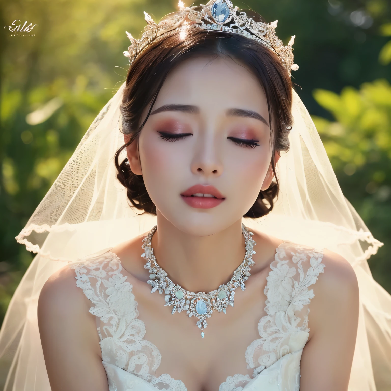 (highest quality、table top、8K、best image quality、Award-winning work)、One bride、(eyes completely closed:1.1)、(closed lips:1.1)、(bring your face closer:1.1)、(please bring your lips close to me:1.1)、(close up of face:1.3)、(Selfie with both arms:1.3)、(The most luxurious and highest quality giant tiara:1.2)、(The most luxurious and highest quality giant necklace:1.2)、(The most luxurious and high-end wedding dresses:1.2)、(perfect wedding lace:1.2)、(完璧に整備された美しい公園のblurred background:1.1)、summer landscape、The most natural and perfect park background、very bright and refreshing、very bright and vivid、Beautiful skin that shines brightly、beautiful shining leaves、beautiful sunlight filtering through the foliage、(blurred background:1.1)、epic movie lighting、beautiful shiny lipstick、perfect makeup、Ultra high definition beauty face、ultra high definition hair、(Super high definition and beautiful closed eyelids:1.1)、(Ultra high resolution bright and glowing skin:1.2)、(Super high resolution glossy lips:1.1)、(face facing forward:1.2)、(body facing forward:1.2)、(lowered eyebrows:1.1)、(troubled face:1.1)