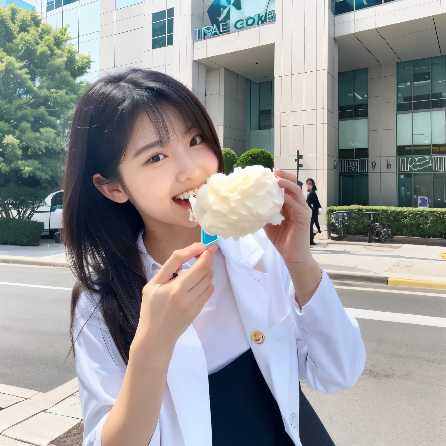 Asian beautiful woman with teeth eating ice cream in short clothes
