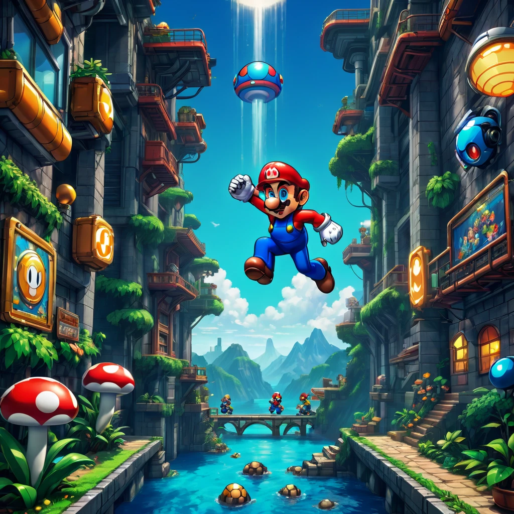 (super mario,rockman,mega man,retro game:1.1),(platform game:1.1),pixel art,old school graphics,(best quality,4k,8k,highres,masterpiece:1.2),vibrant colors,classic 8-bit sound effects,action-packed,exciting gameplay,adventurous levels,detailed backgrounds,playable characters,power-ups,enemies,tricky obstacles,adrenaline rush,jumping and running,iconic characters,collecting coins,bonus stages,multiplayer mode,fast-paced,retro gaming nostalgia