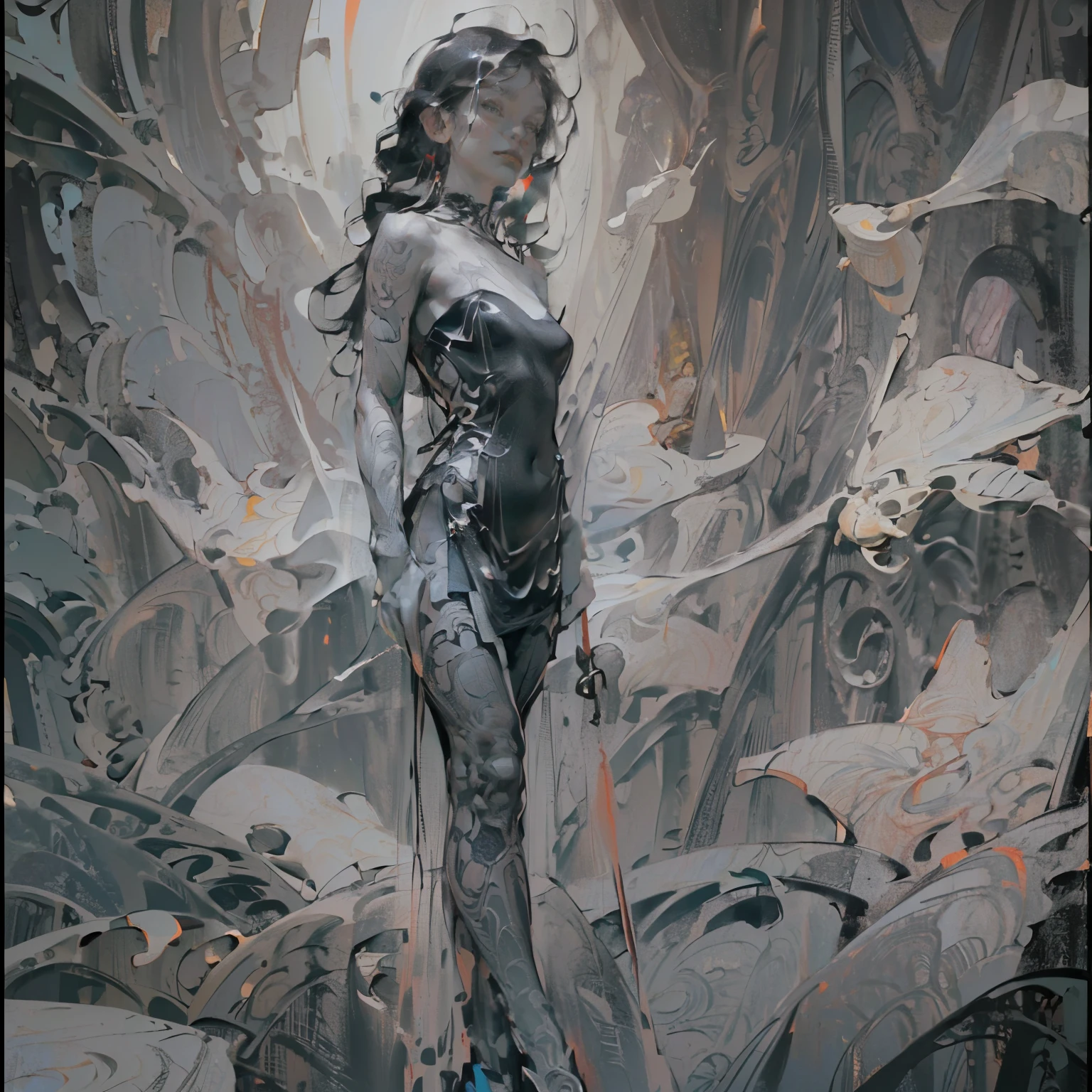 (((Create one girl 16+), (smoke, fire), (fantastic scene), (dramatic, lighting)))_(((Small miniature, full height), (thin graceful body, full height - standing) , (modern weapons), (beautiful figure)_(16+ years)))_(((Very beautiful girl, small peach breasts, graceful figure, narrow waist, smooth hips)), ((long double braids), ( tight braids), (braided hair), (dark hair, black hair)))_((Scarlet lips)), ((smile)))_(((Shiny skin:1.5, white skin)))_((sexy ), (erotic), (cute, kawaii)))_(((Bare shoulders, black lace dress)), ((black chiffon dress, very short dress))_(((tight-fitting), (sheer lace dress )), ((stands almost completely with a small amount of clothing)), ((tiny thongs)), (arms in elbow pads, palms wearing tactical gloves), (legs in combat knee pads, thigh-high stockings)), ((massive leather lace-up boots)), ((looks at the viewer)))_(((Dark background, realistic painting, digital painting, high quality))_((Background, fantastic ship lock, (films; Lucas Arts, R.S. Giger "Alien", Giger's monsters)), (stunning scene in a spaceship)), ((decorative dark background)), ((stunning white alien lilies), (extremely unusual)), ((spaceship, skulls)) , ((white lilies - large stems)))_(((Bright colors, cool soft shadows), (warm contrasting light, bright theme)), ((high contrast, photorealistic graphics: 1.37)),((digital painting, oil painting, wide wet stroke)), ((painting-professional execution)))_ (((Cinematic, digital painting), (soft clear forms, wide stroke, attention to detail), (clear elegant line, color fill)) )_(((High quality, 16K | Ultra HD | Full HD, cinematic rendering))).