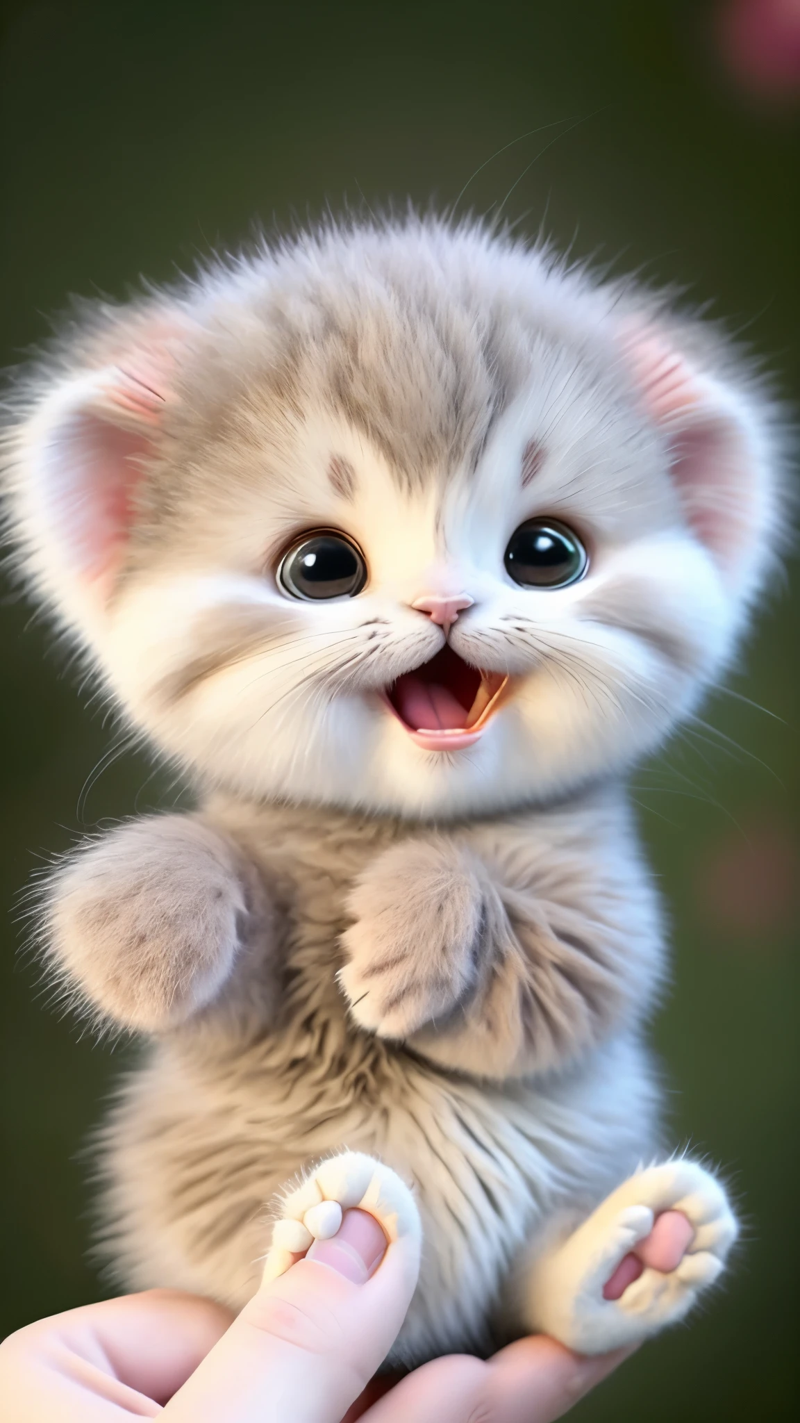 Kitten, realistic, furry animal, little ears, blush, cherry, funny, open mouth, laugh, Morandi color, right, kitten!!