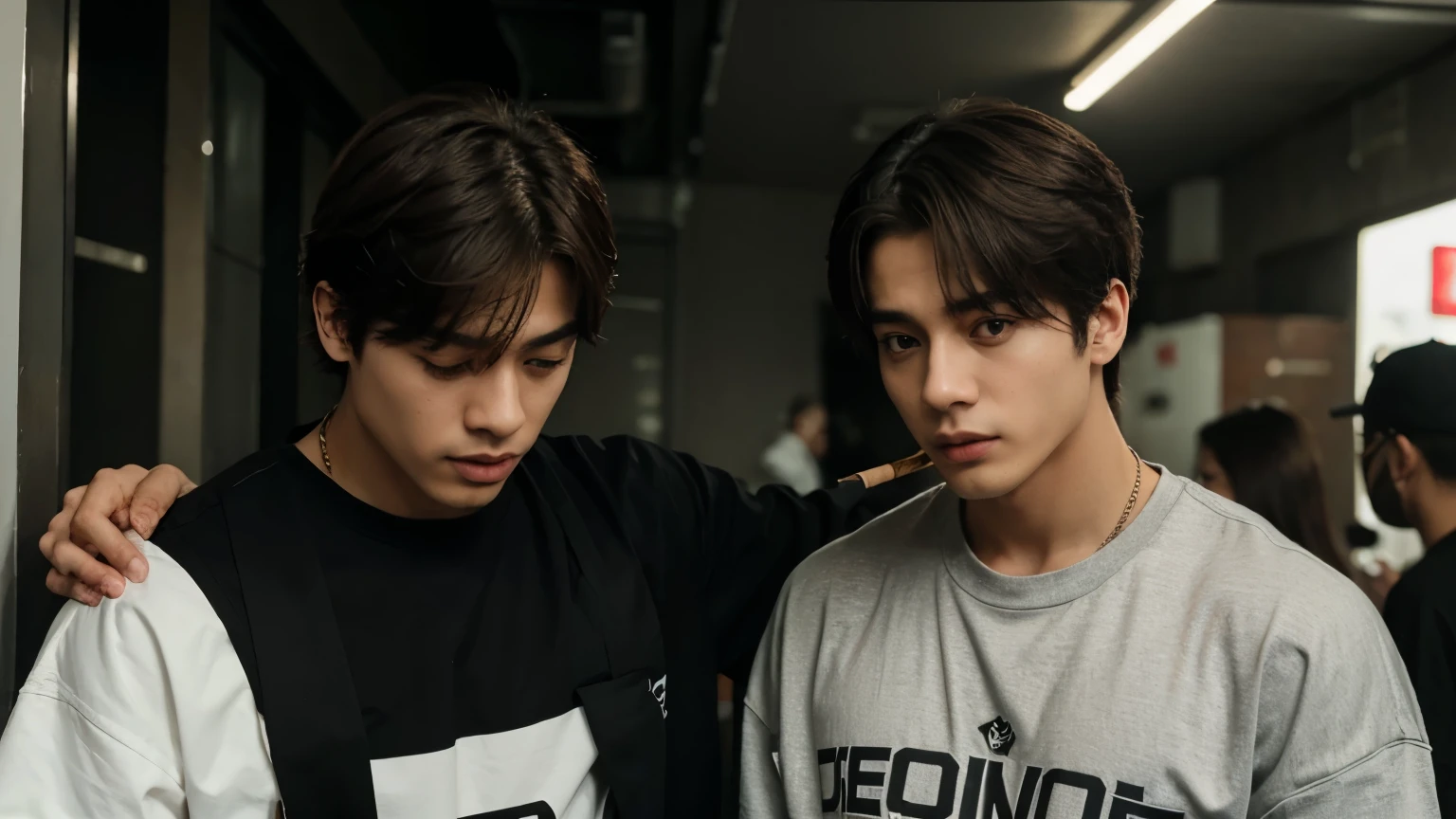Masculino, sentado em uma sacada, roupas streetwear, cha eunwoo, jungkook, kim taehyung, asiatico, cigarro, fumando, cabelos curtos, cabelo raspado nas laterais