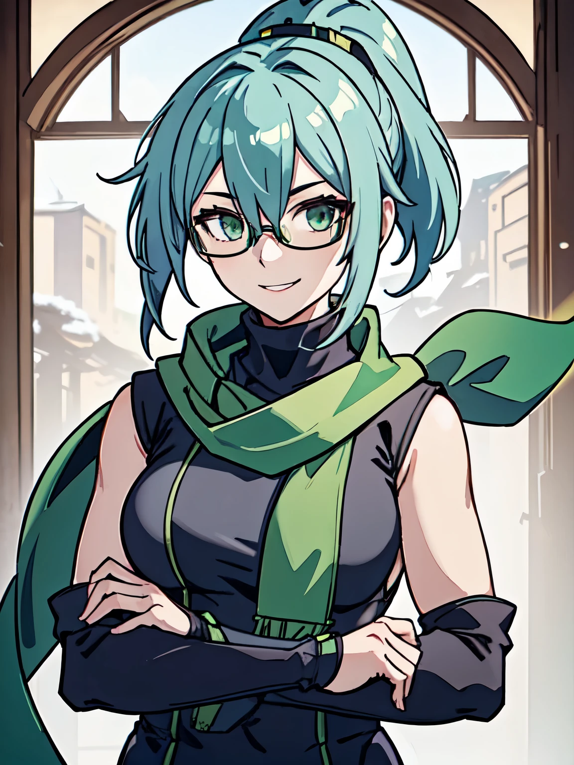 masterpiece, best quality, 1girl, short green pastel hair, black shirt, turtleneck, long scarf, green scarf, armor, shinobi, ponytail, glasses, smile