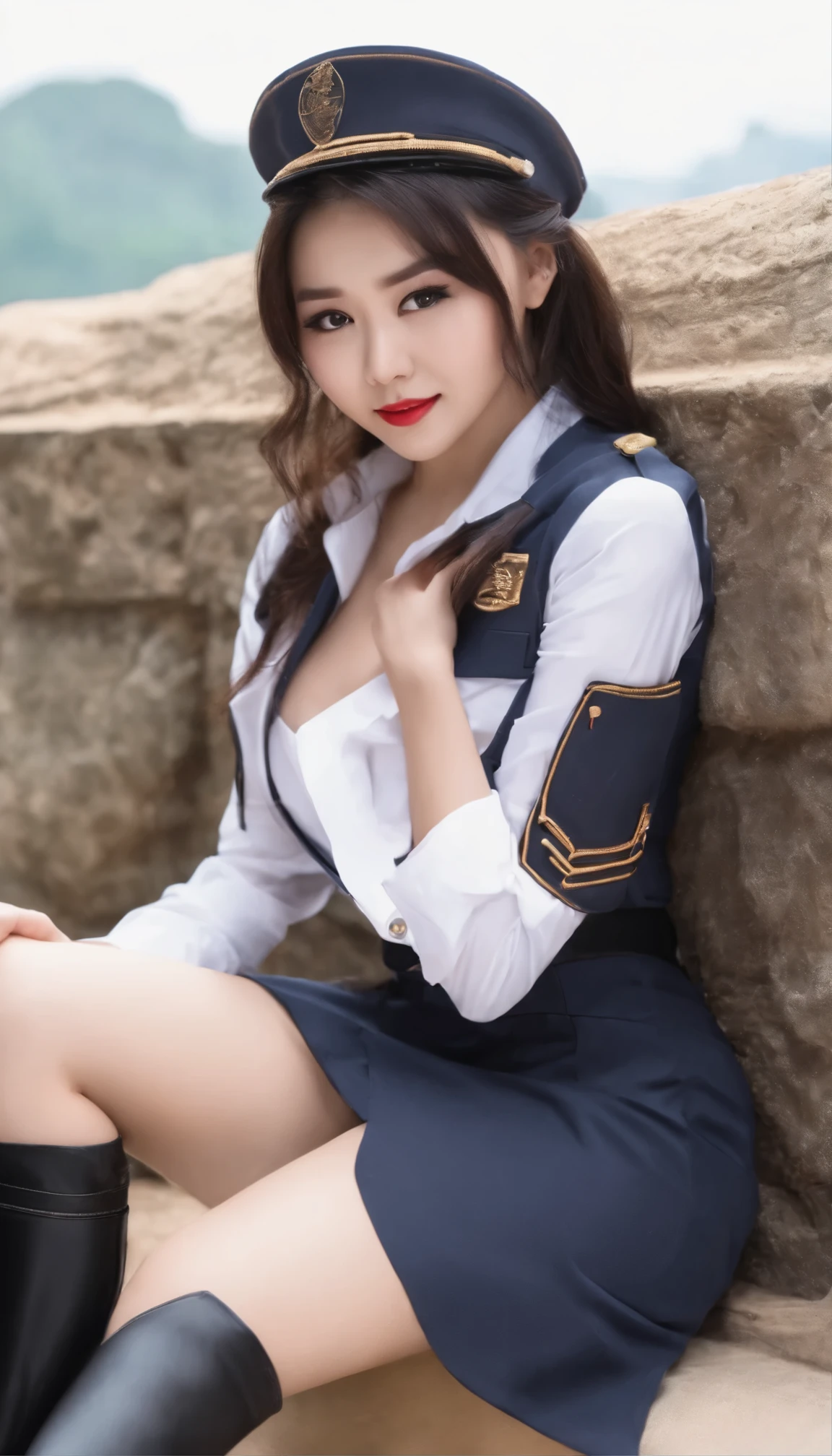 Sexy cute asian girl with busty and lust style, uniform, mini skirt, sitting down, open leg