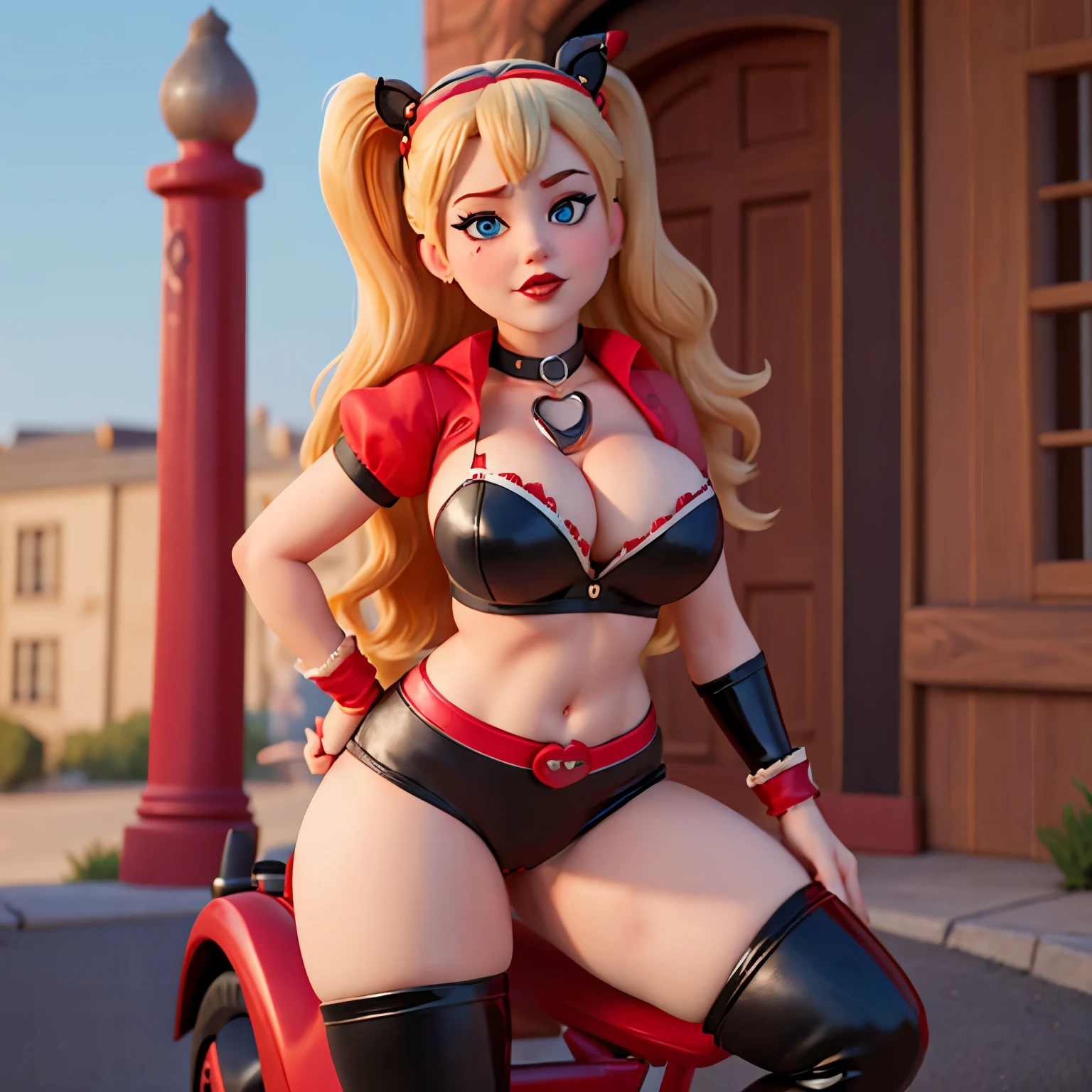 Harley quinn, chubby, blonde hair, blue eyes, red lips, blush, collar around neck, black cat ears on top of head, red bra, large chest, cleavage, thicc thighs, red wrist bands, black short shorts, red long stockings, black boots