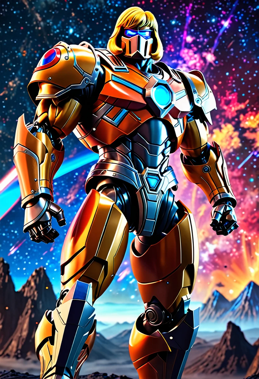(best quality,highres),he-man themed super robot,heroic pose,standing in space suit on a shoulder,cosmic background,huge and detailed metal structure,glowing energy sword,serious determination in the eyes,vivid colors,sci-fi rendering,dynamic lighting,impressive power and strength,action-packed scene