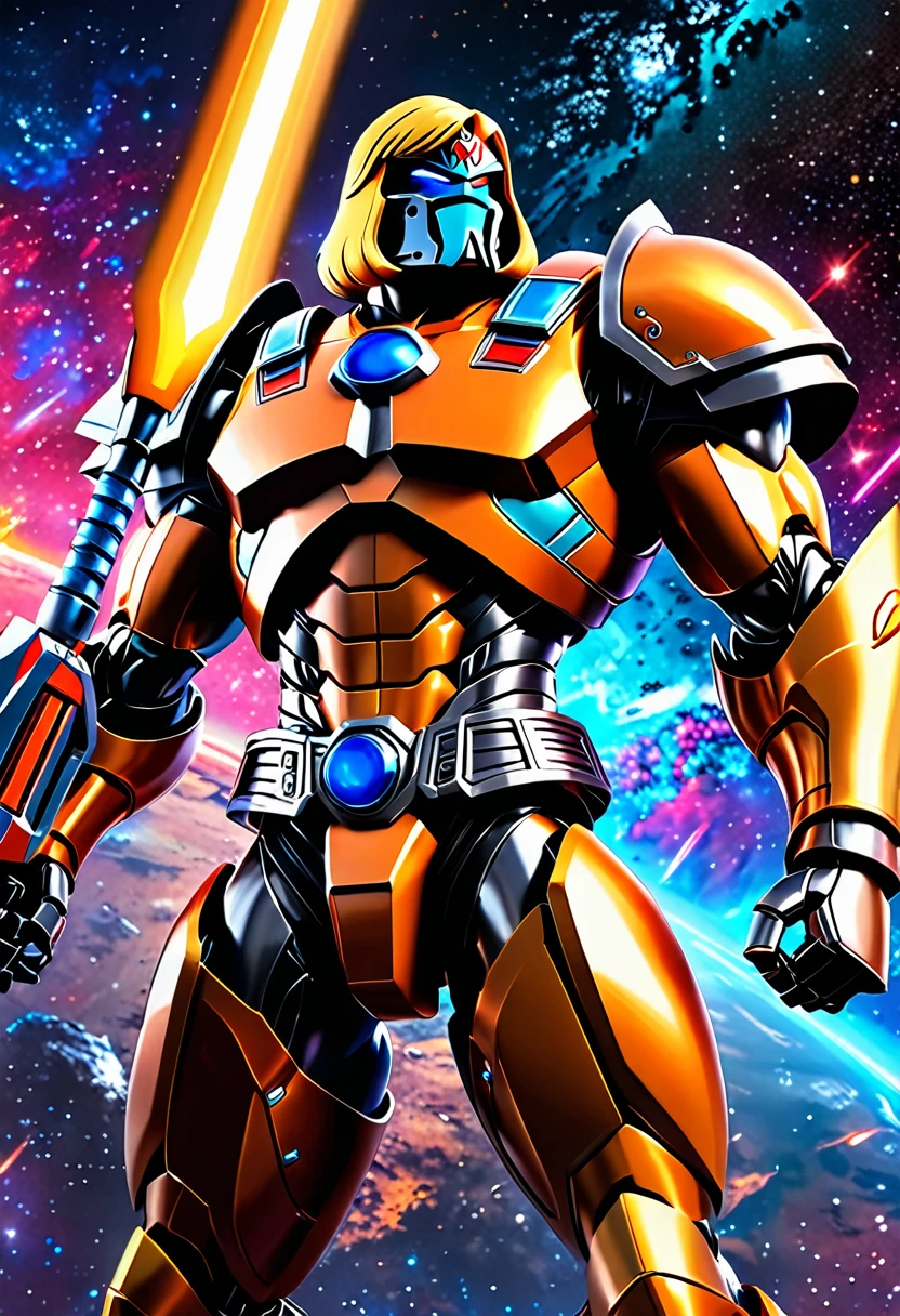 (best quality,highres),he-man themed super robot,heroic pose,standing in space suit on a shoulder,cosmic background,huge and detailed metal structure,glowing energy sword,serious determination in the eyes,vivid colors,sci-fi rendering,dynamic lighting,impressive power and strength,action-packed scene