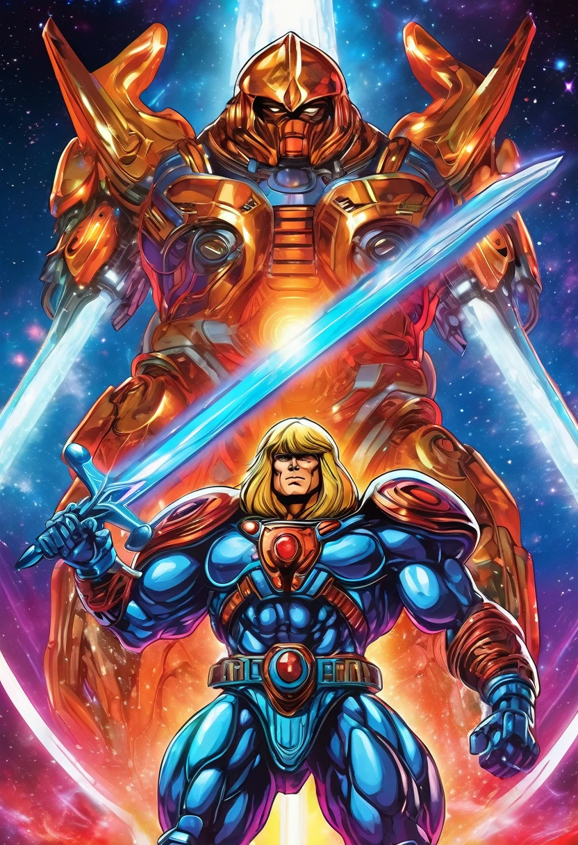 (best quality,highres),he-man themed super robot,heroic pose,standing in space suit on a shoulder,cosmic background,huge and detailed metal structure,glowing energy sword,serious determination in the eyes,vivid colors,sci-fi rendering,dynamic lighting,impressive power and strength,action-packed scene