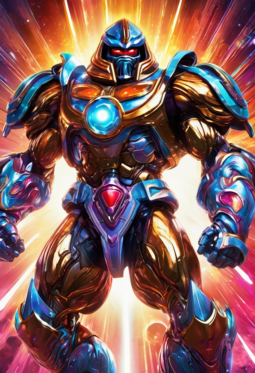 (best quality,highres),he-man themed super robot,heroic pose,standing in space suit on a shoulder,cosmic background,huge and detailed metal structure,glowing energy sword,serious determination in the eyes,vivid colors,sci-fi rendering,dynamic lighting,impressive power and strength,action-packed scene