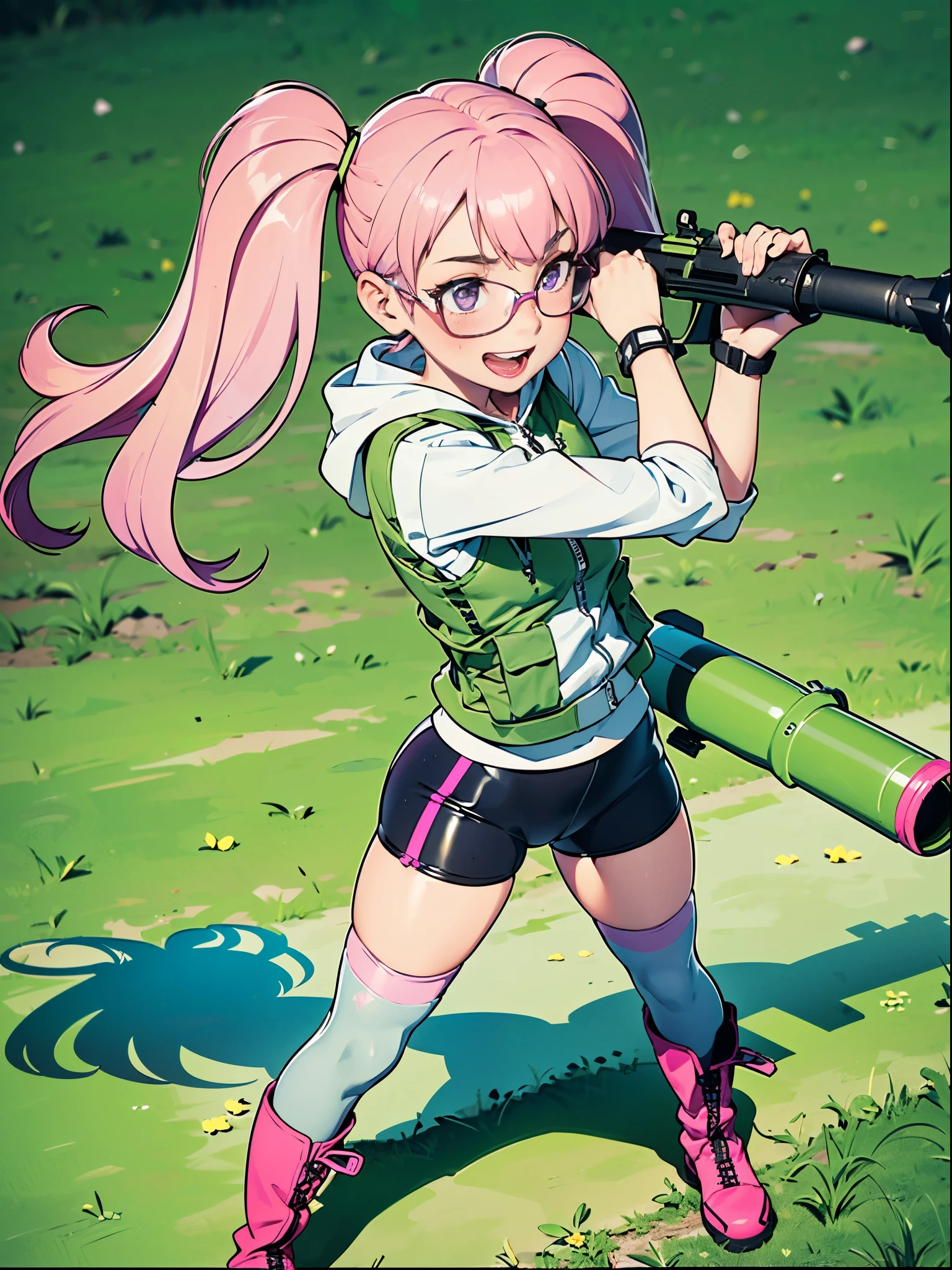 1girl, solo, solo focus, (hoodie, biker shorts, tactical vest, tactical boots), thighhighs, ((using weapon, using Carl Gustaf 84mm)), open mouth, wacky face, smile, :d, (pink hair, dark purple eyes, twintails, glasses)