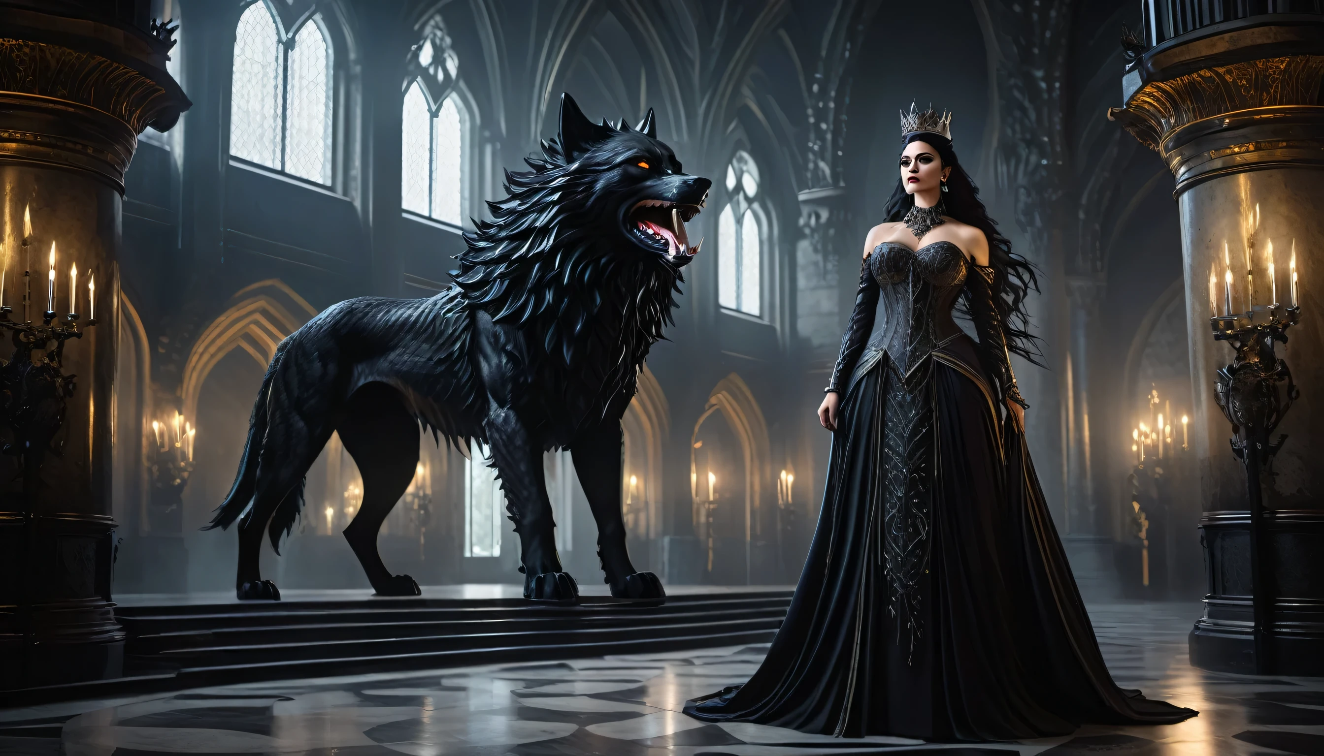 Envision an image of a queen of darkness standing with regal poise in the grand hall of a gothic castle. Her attire is a striking blend of elegance and menace, with armor-like elements and a gown that flows like shadows. Her piercing eyes exude power, and her presence is commanding. Flanked by her loyal and fearsome beasts, dire wolves with snarling maws and eyes glowing ominously, she stands as the unchallenged ruler of this dark domain. The wolves, each a masterful creation of intimidation and wild beauty, stand ready to heed her command. Intricate carvings of mythical beasts adorn the stone columns of the hall, and a grand, twisted chandelier looms overhead. The atmosphere is charged with an air of mystique and latent danger, a realm where this queen and her beasts reign supreme.