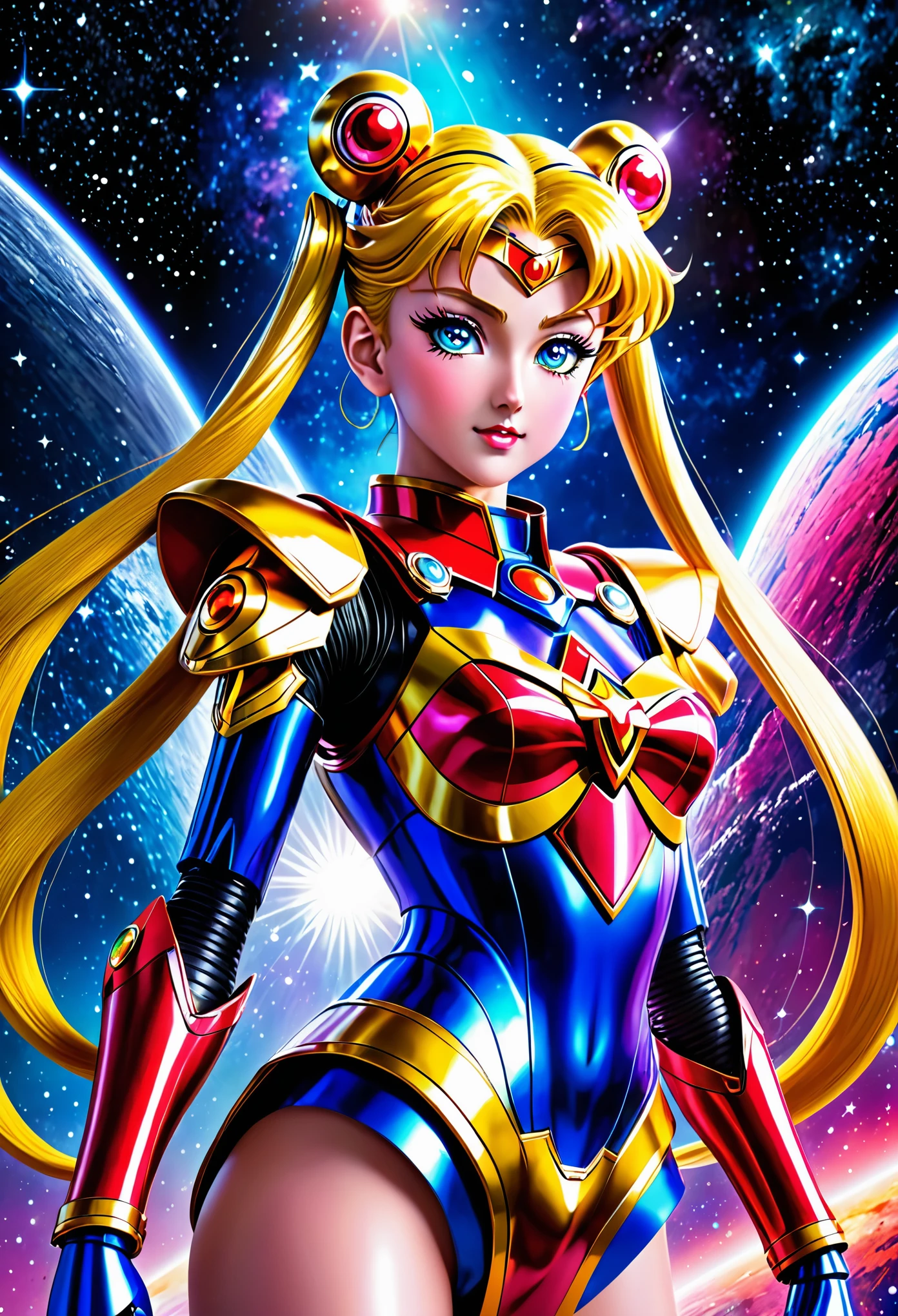 best quality, highres, masterpiece:1.2, ultra-detailed, realistic, HDR, studio lighting, vivid colors, sci-fi, portraits, Sailor Moon themed super robot, dramatic pose in space, sailor moon standing on shoulder in space suit, detailed face, elegant costume, flowing hair, glowing eyes, powerful energy beams shooting out, starry background, cosmic dust particles, dynamic composition, intense action, vibrant colors, celestial atmosphere, otherworldly lighting, ethereal glow, intergalactic adventure, heroism, mystique, majesty.