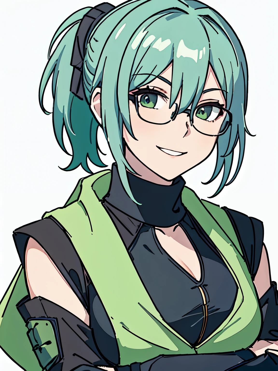 masterpiece, best quality, 1girl, short green pastel hair, black shirt, turtleneck, long scarf, green scarf, armor, shinobi, ponytail, glasses, smile