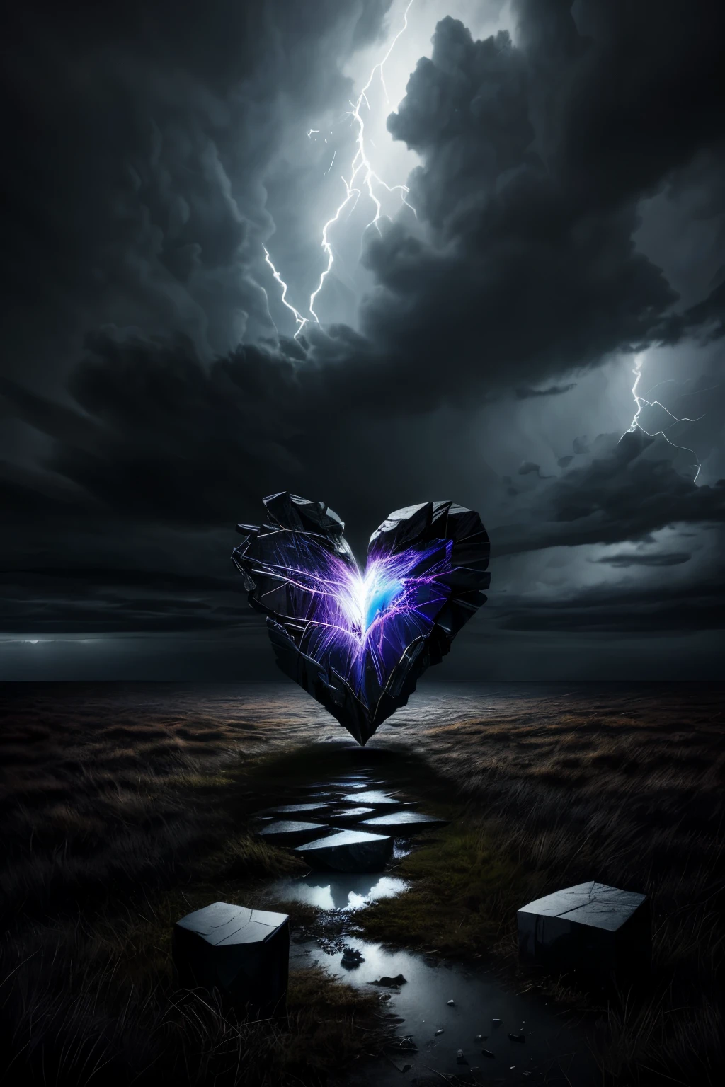 Create an image of a shattered heart against a backdrop of a stormy, moody night. The heart, rendered in intricate detail, is depicted as if freshly broken, with jagged edges and deep, oozing cracks stained with dark, bloody hues. The contrast between the fragile, vulnerable heart and the raw, intense darkness of the night sky adds to the melancholic and poignant atmosphere. The overall visual effect is one of heightened emotion, achieved through the masterful use of rich colors, textures, and shadows in this photorealistic, high resolution, RAW image.