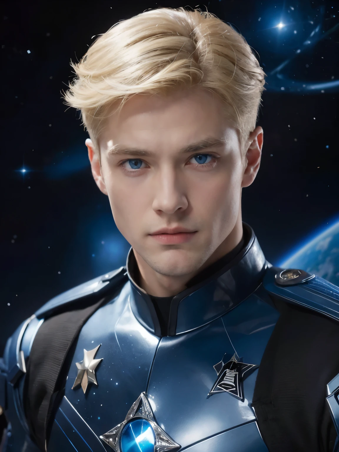 A handsome man. Late twenties. Blonde hair and blue eyes. The man is looking at the camera with a serious expression. The man wears a blue-black metallic combat uniform. An image of a multidimensional universe in space behind him.