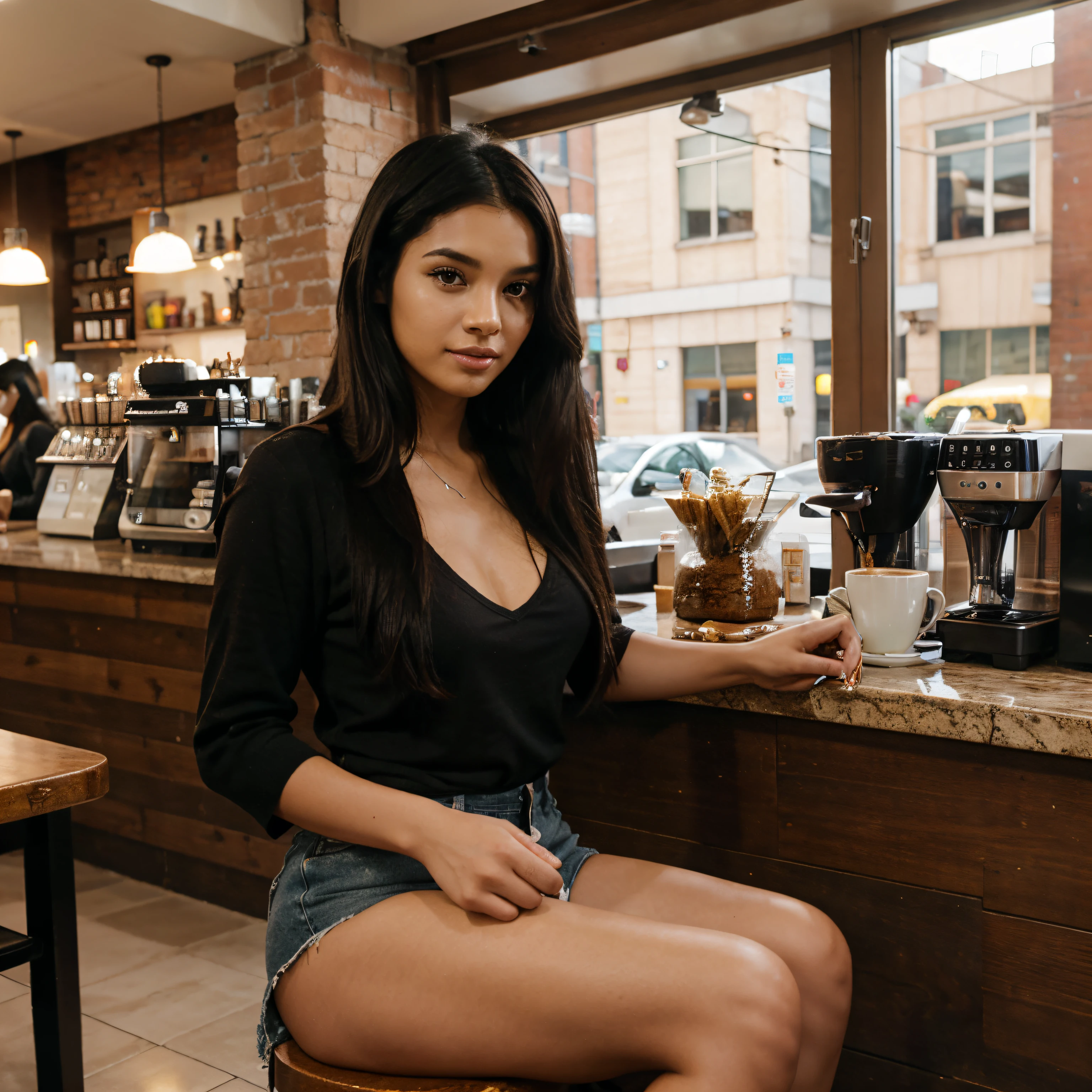 Pele morena, longos cabelos pretos, linda jovem de 26 anos sentada na cafeteria
