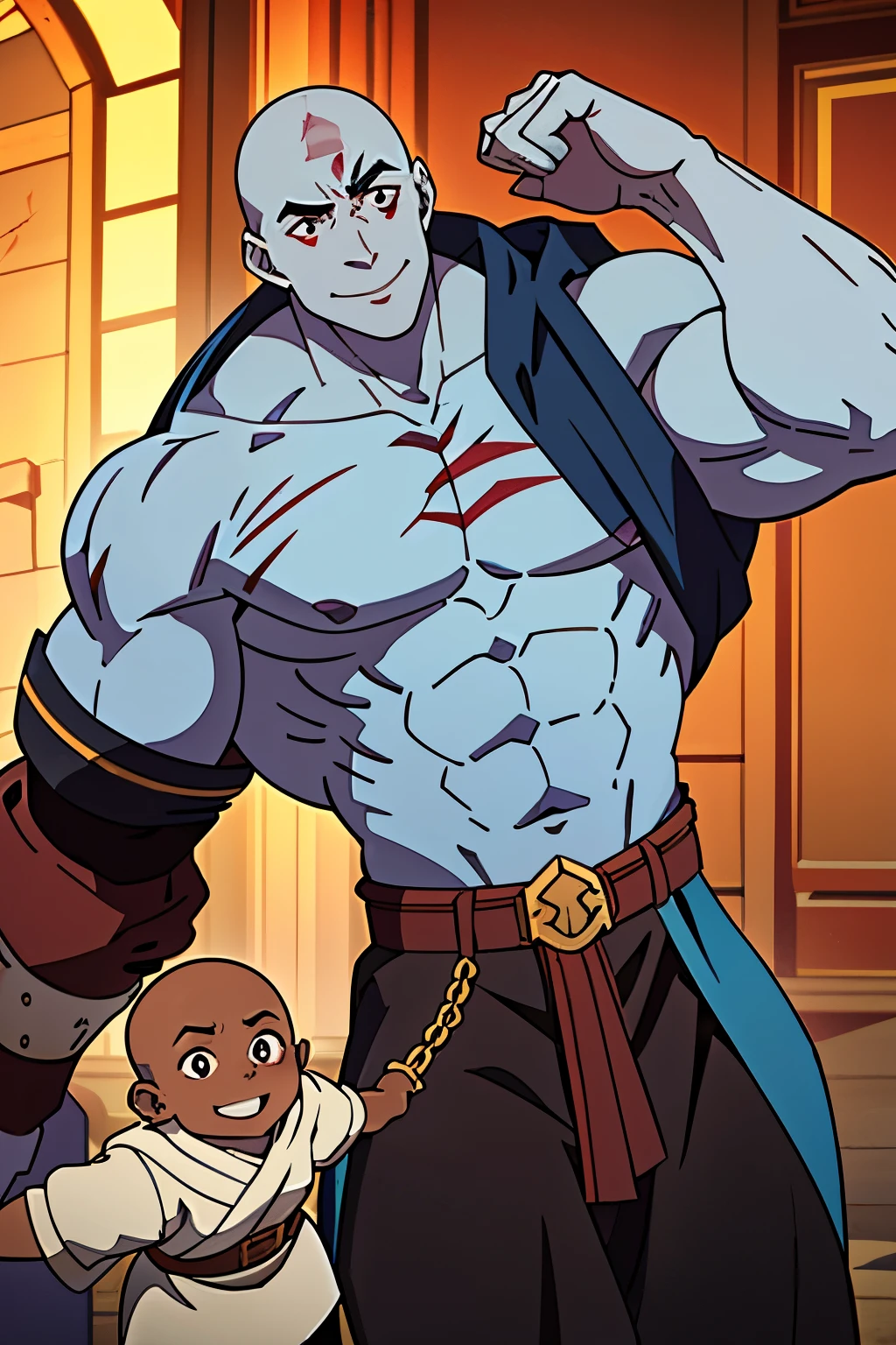 goliath monk, pale blue-ish skin color, brown hood, HUGE JACKED GOLIATH MONK, huge smile, very happy, flexing huge muscles, (bald hairstyle), black pants, maroon belt, deathly pale blue skin, male, ((huge scar on chest)