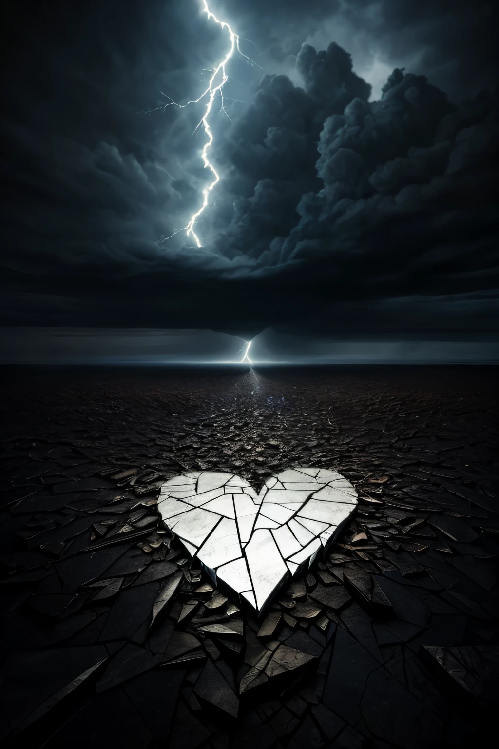 Create an image of a shattered heart against a backdrop of a stormy, moody night. The heart, rendered in intricate detail, is depicted as if freshly broken, with jagged edges and deep, oozing cracks stained with dark, bloody hues. The contrast between the fragile, vulnerable heart and the raw, intense darkness of the night sky adds to the melancholic and poignant atmosphere. The overall visual effect is one of heightened emotion, achieved through the masterful use of rich colors, textures, and shadows in this photorealistic, high resolution, RAW image.