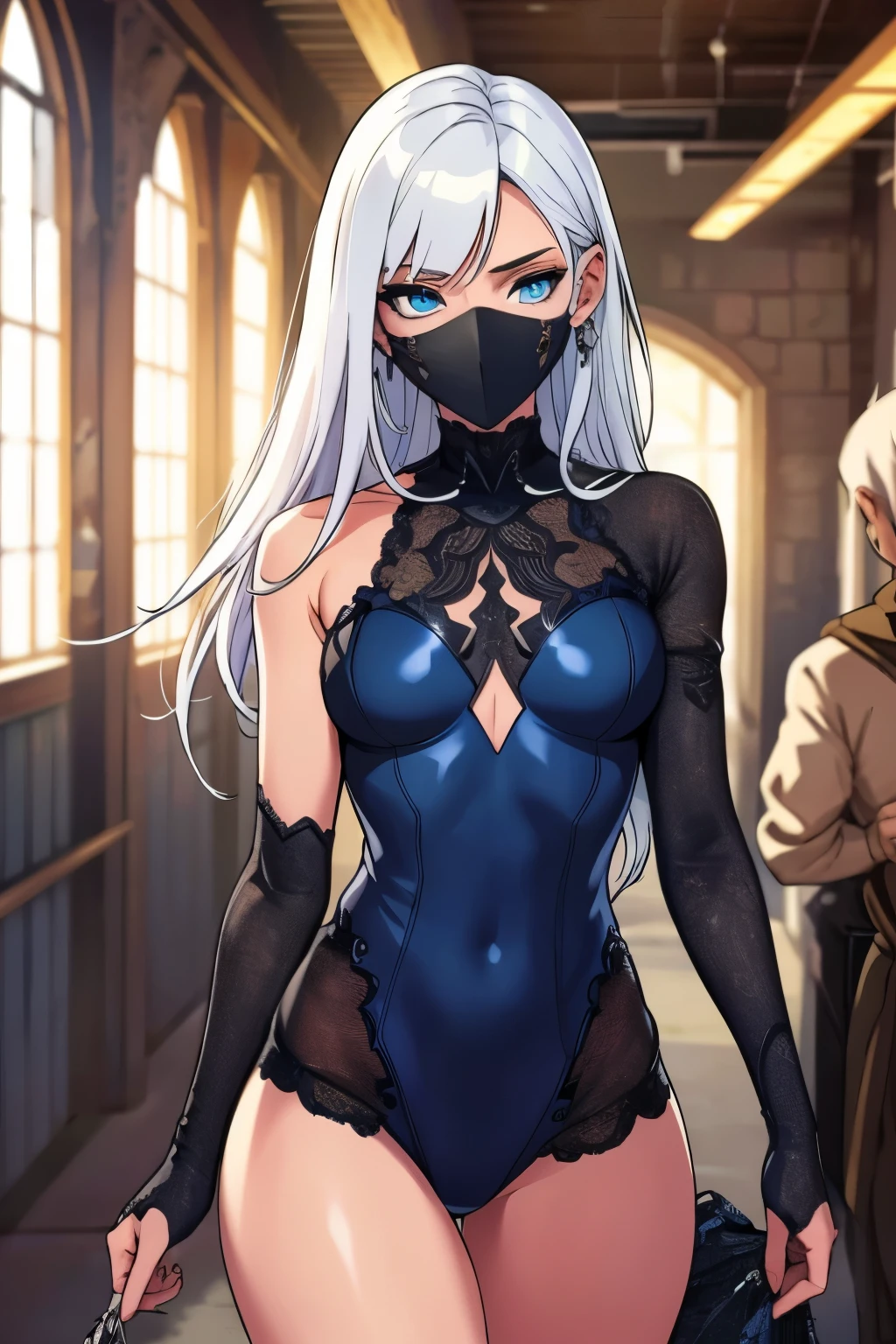 realistic, Beautiful detailed girl, clear and beautiful, Personage as the main perspective, shiny_skin, girl,woman,female, young, (beautiful detailed Glass hair),beautiful detailed cold face, cold expression, complex details beautiful and delicate eyes, fingernails, Authentic skin texture, bloom, (line art:1.2),realistic illustration,unreal engine,(GoPro),insanely detailed,perfect shading,digital art,(ray tracing), small girl, small breasts, white hair, blue eyes, sexy clothes, skimpy clothes, fantasy dungeon setting or fantasy world, dagger, assassin mask