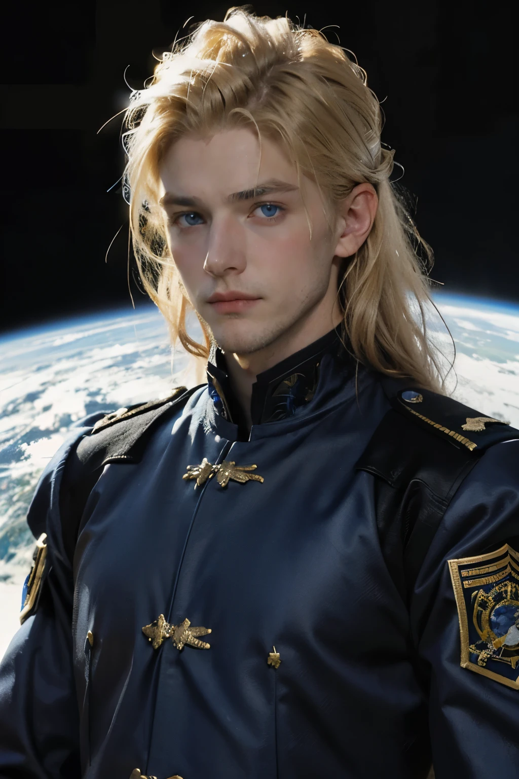 A handsome man. Late twenties. Blonde hair and blue eyes. The man is looking at the camera with a serious expression. The man wears a blue-black metallic combat uniform. An image of a multidimensional universe in space behind him.